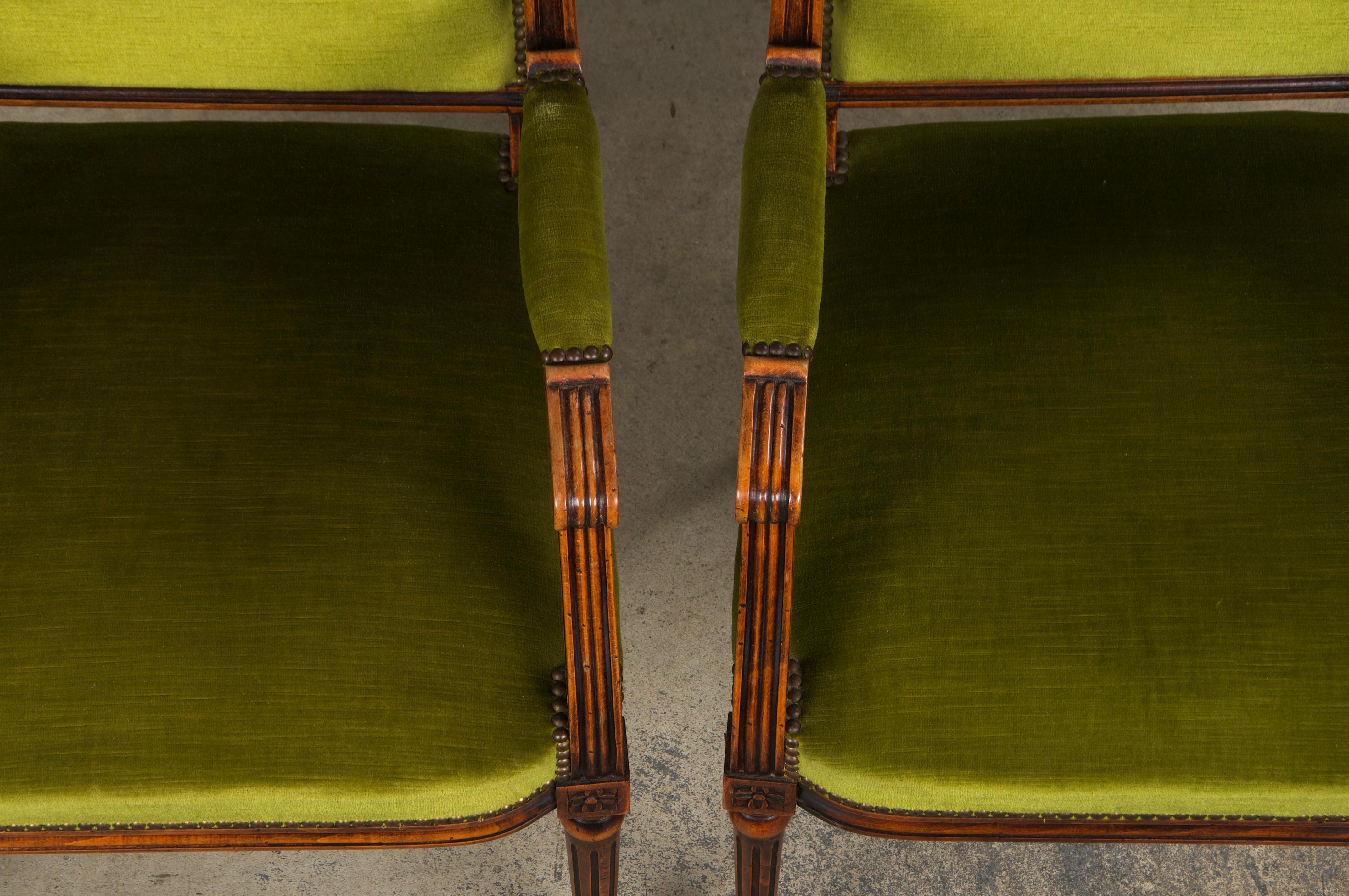19th Century French Louis XVI Style Maple Armchairs in Green Velvet - A Pair In Good Condition For Sale In Astoria, NY