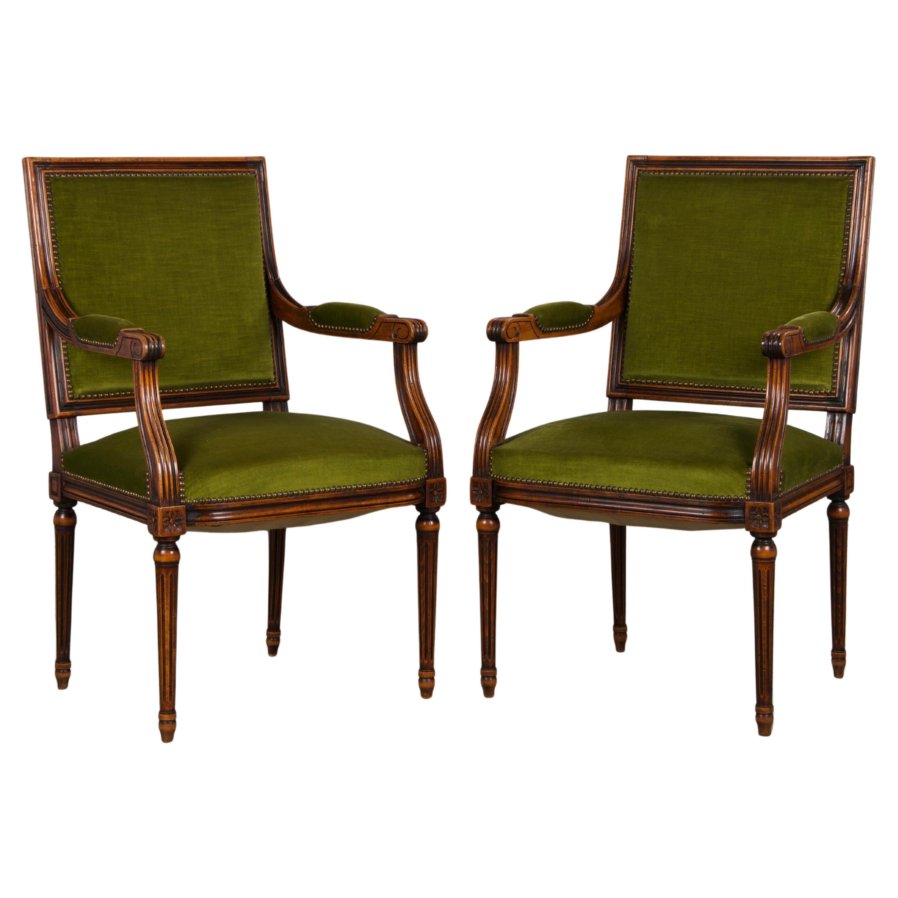 19th Century French Louis XVI Style Maple Armchairs in Green Velvet - A Pair