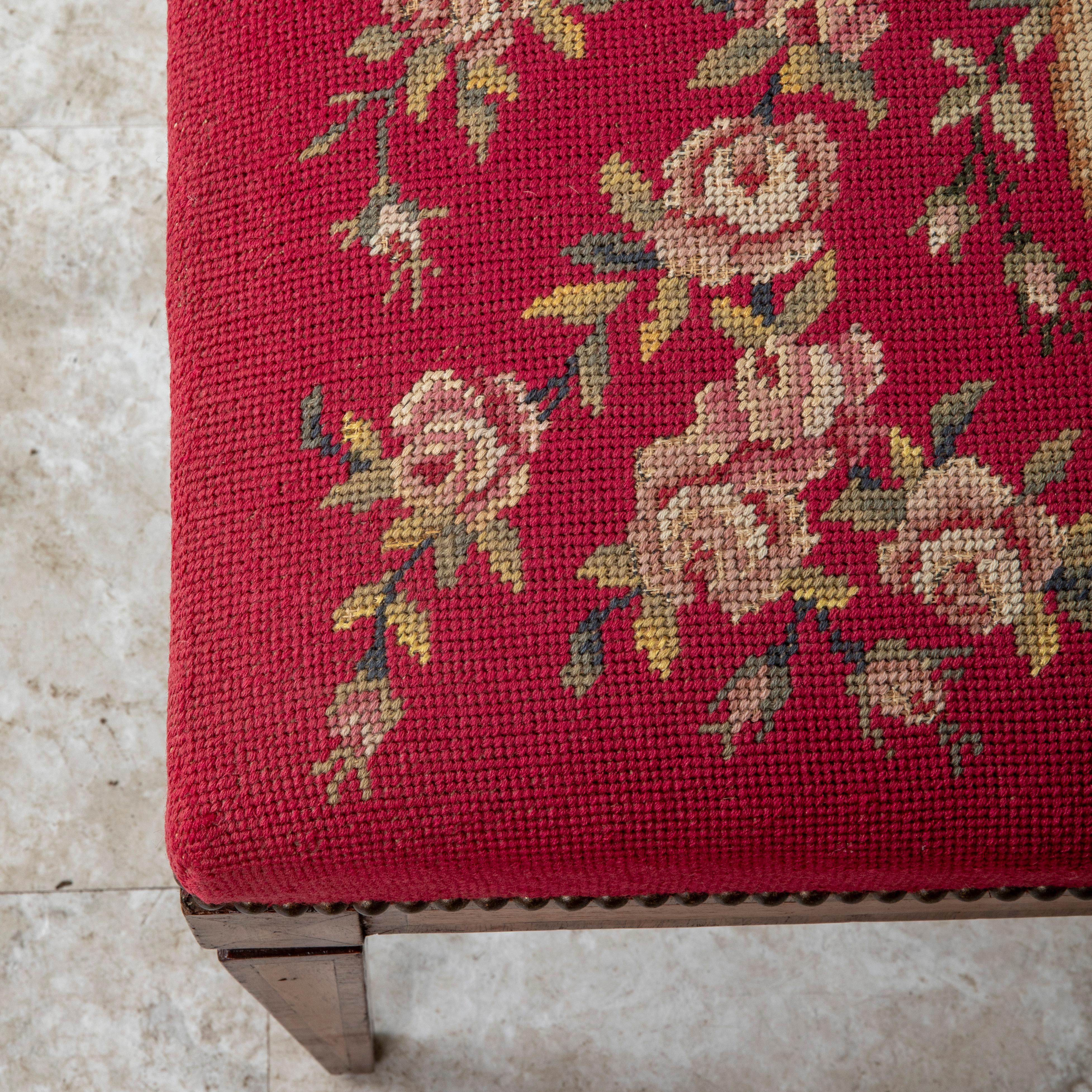 19th Century French Louis XVI Style Marquetry Bench, Banquette, Needlepoint 6