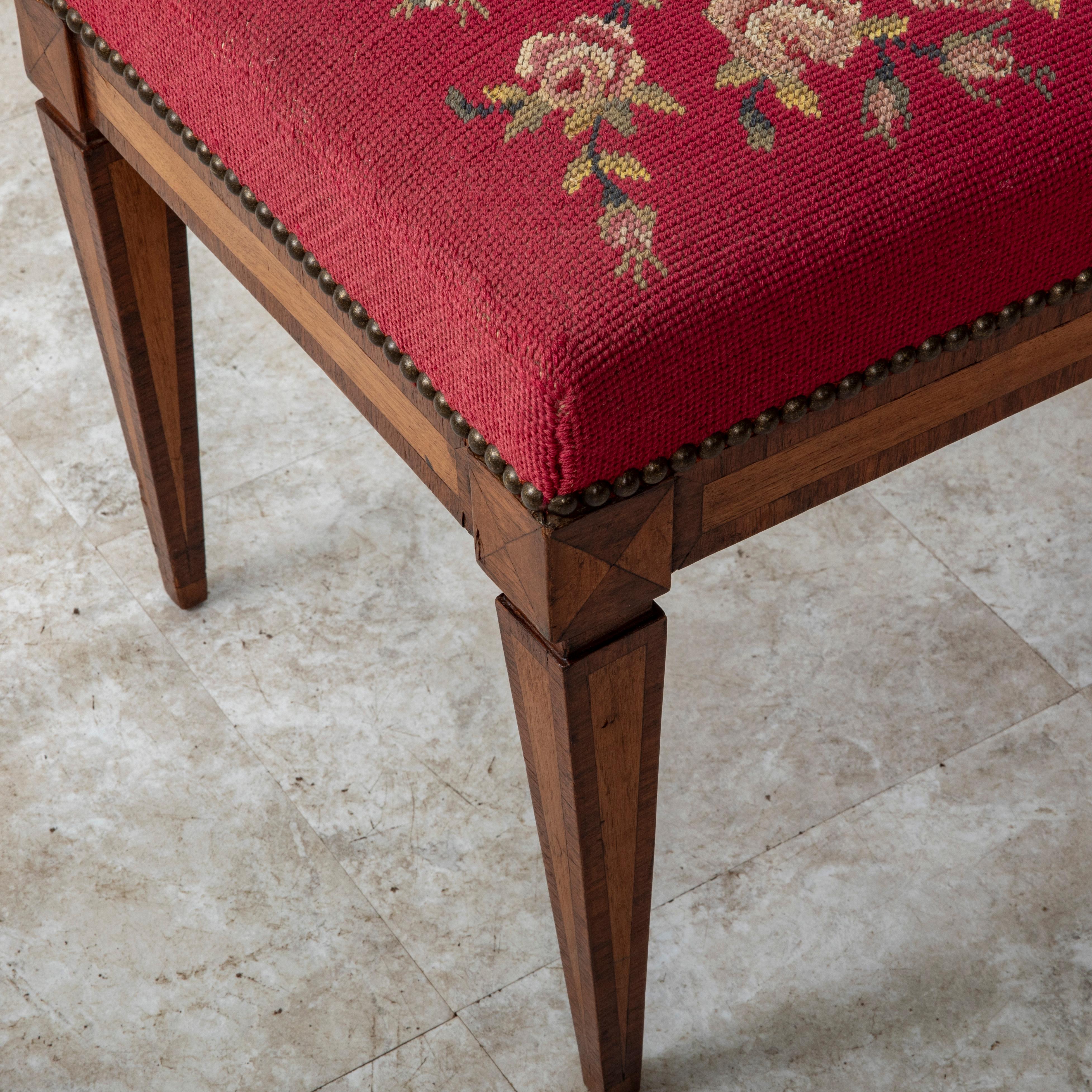 19th Century French Louis XVI Style Marquetry Bench, Banquette, Needlepoint  For Sale 8
