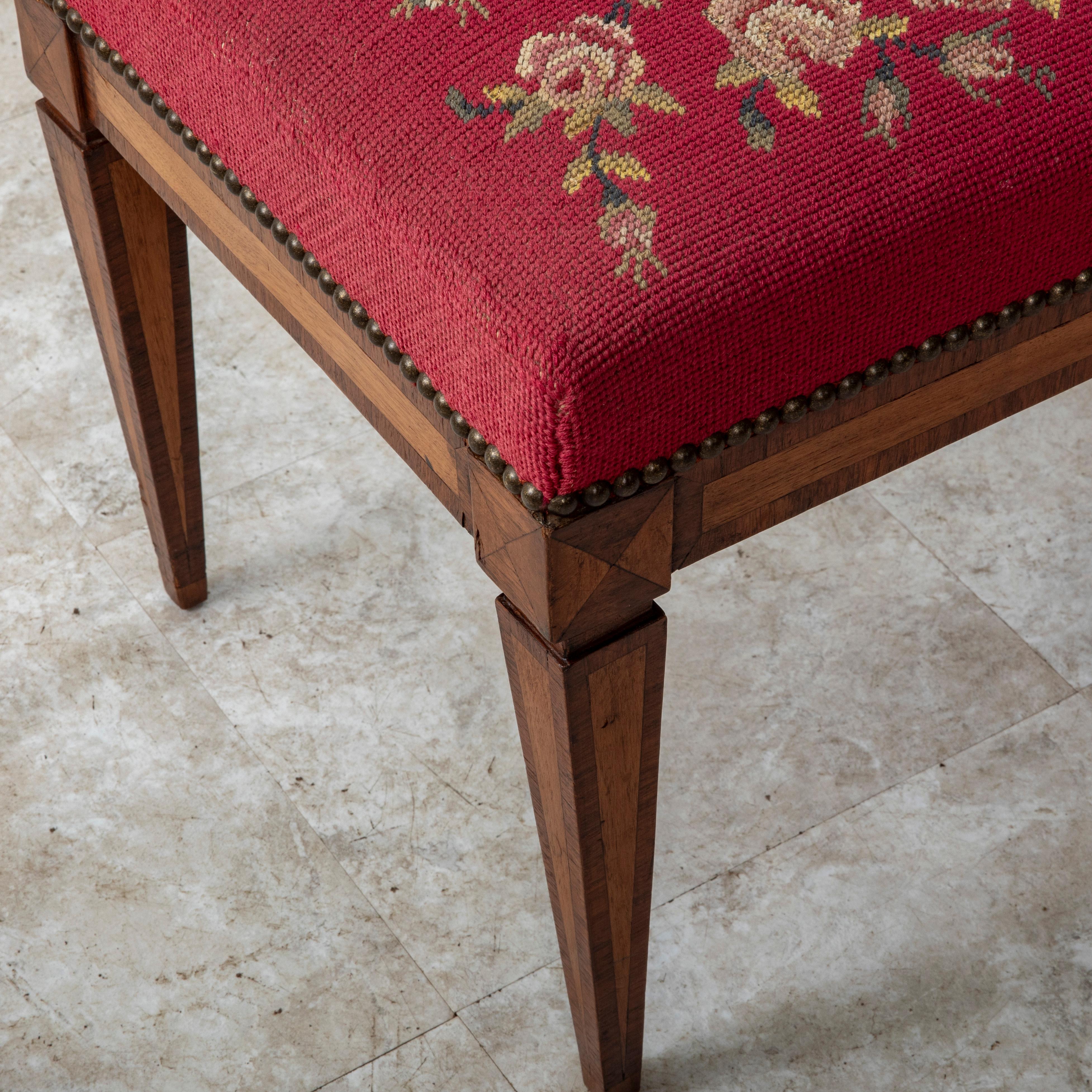 19th Century French Louis XVI Style Marquetry Bench, Banquette, Needlepoint 8