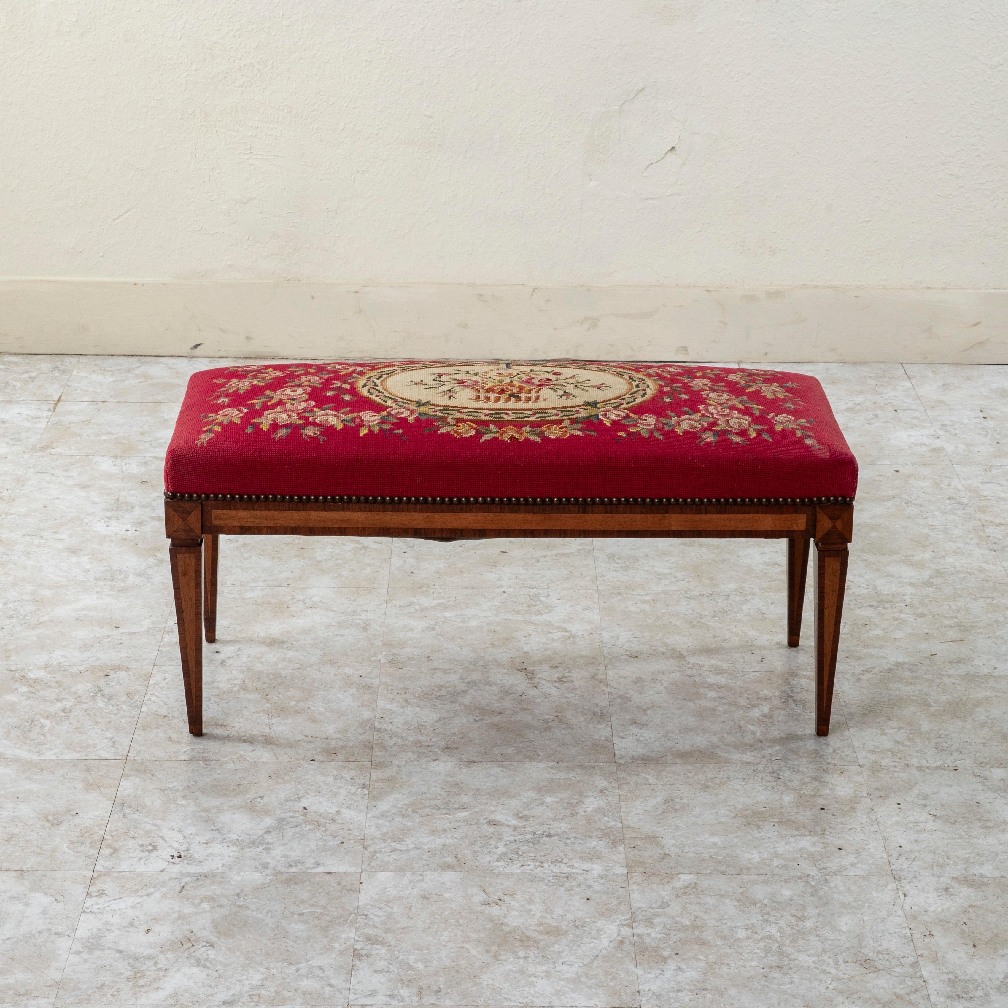 19th Century French Louis XVI Style Marquetry Bench, Banquette, Needlepoint In Good Condition In Fayetteville, AR