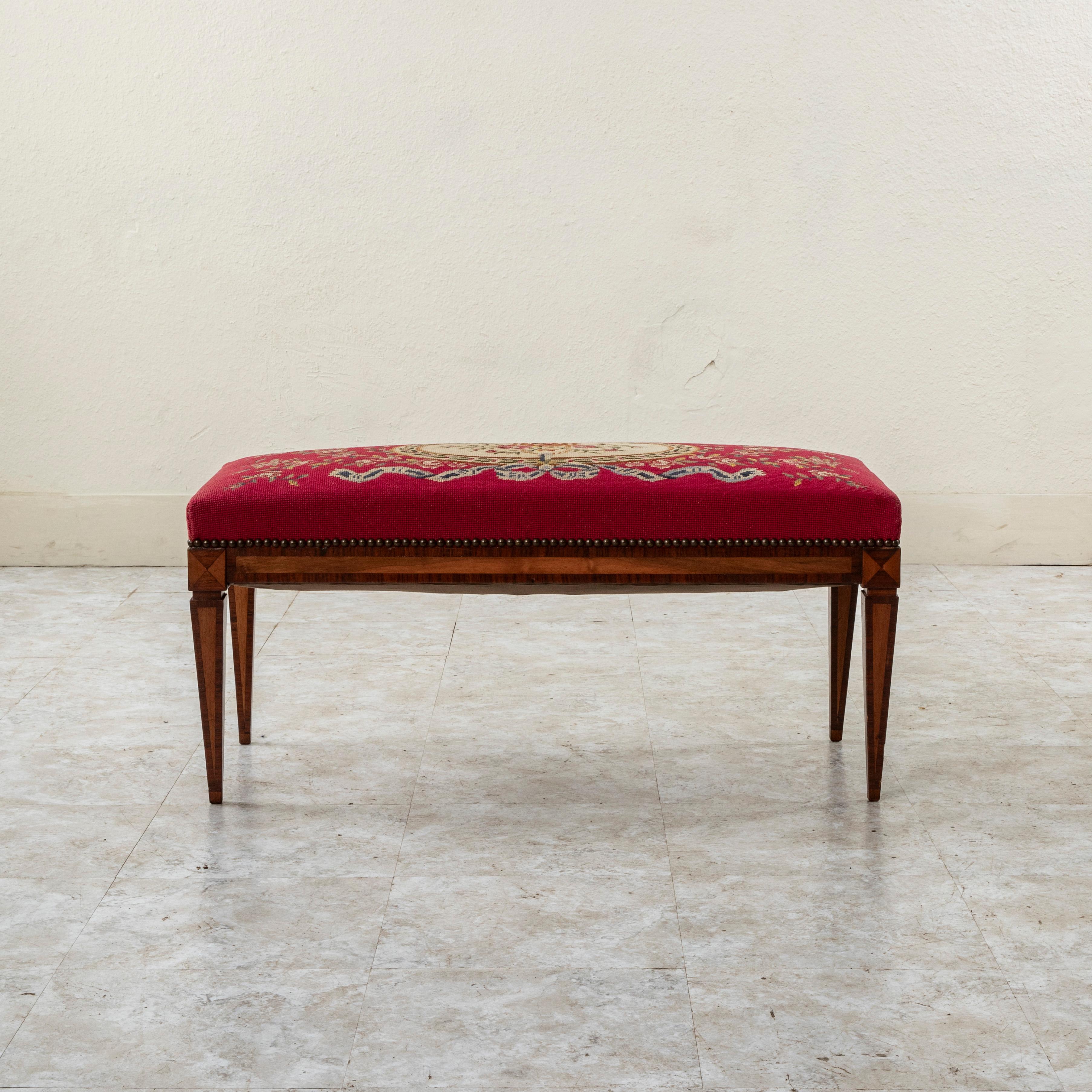 19th Century French Louis XVI Style Marquetry Bench, Banquette, Needlepoint 1