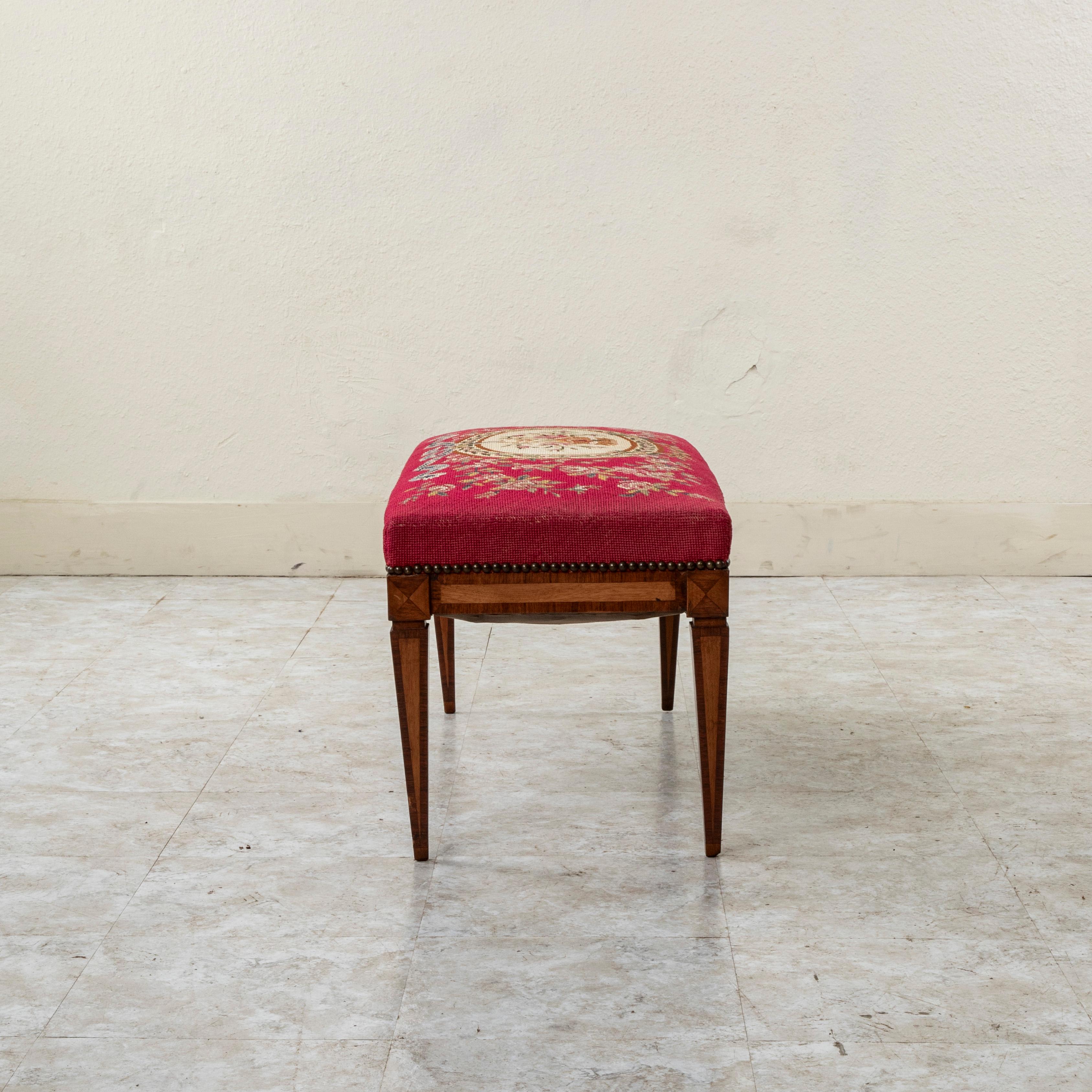 19th Century French Louis XVI Style Marquetry Bench, Banquette, Needlepoint 2
