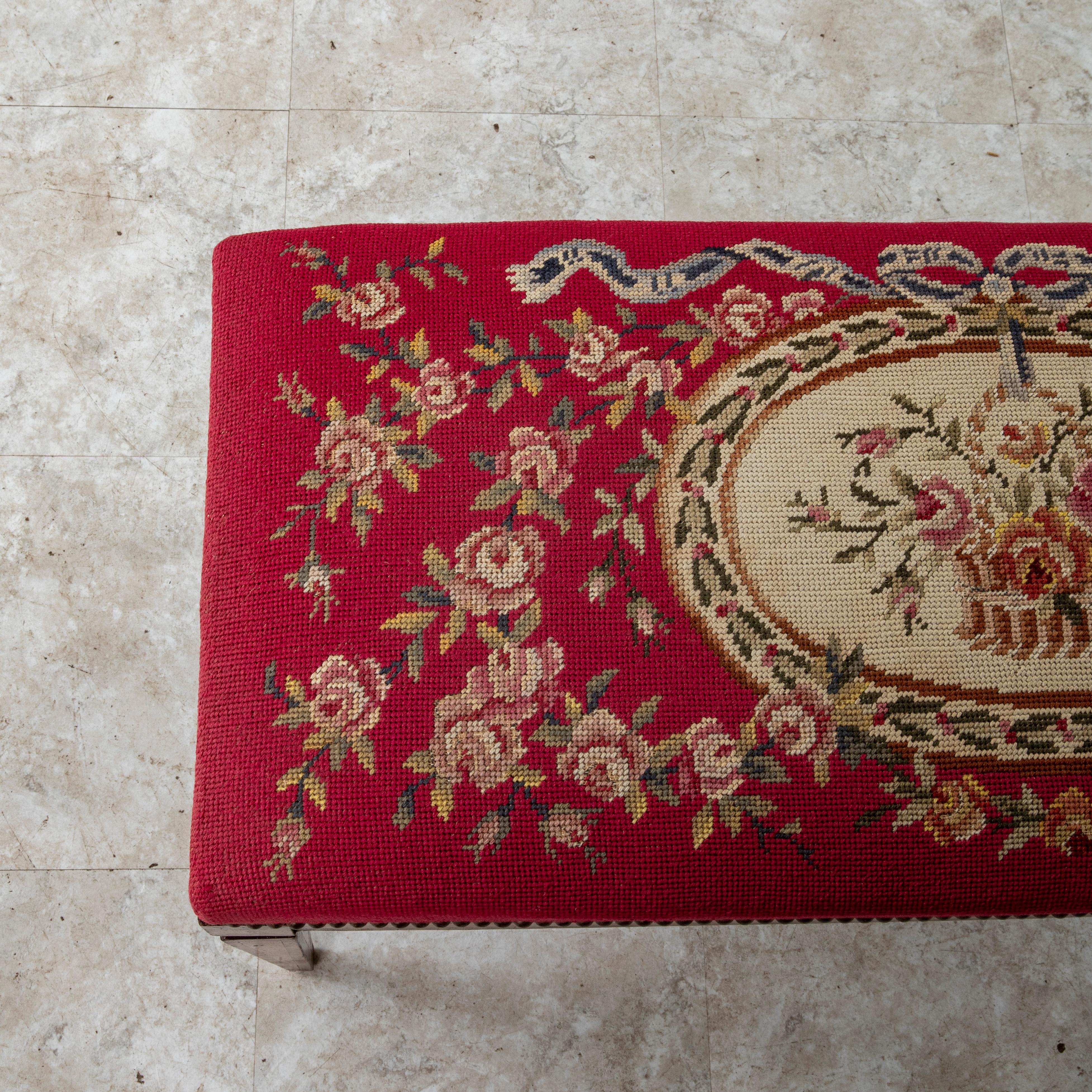 19th Century French Louis XVI Style Marquetry Bench, Banquette, Needlepoint 3