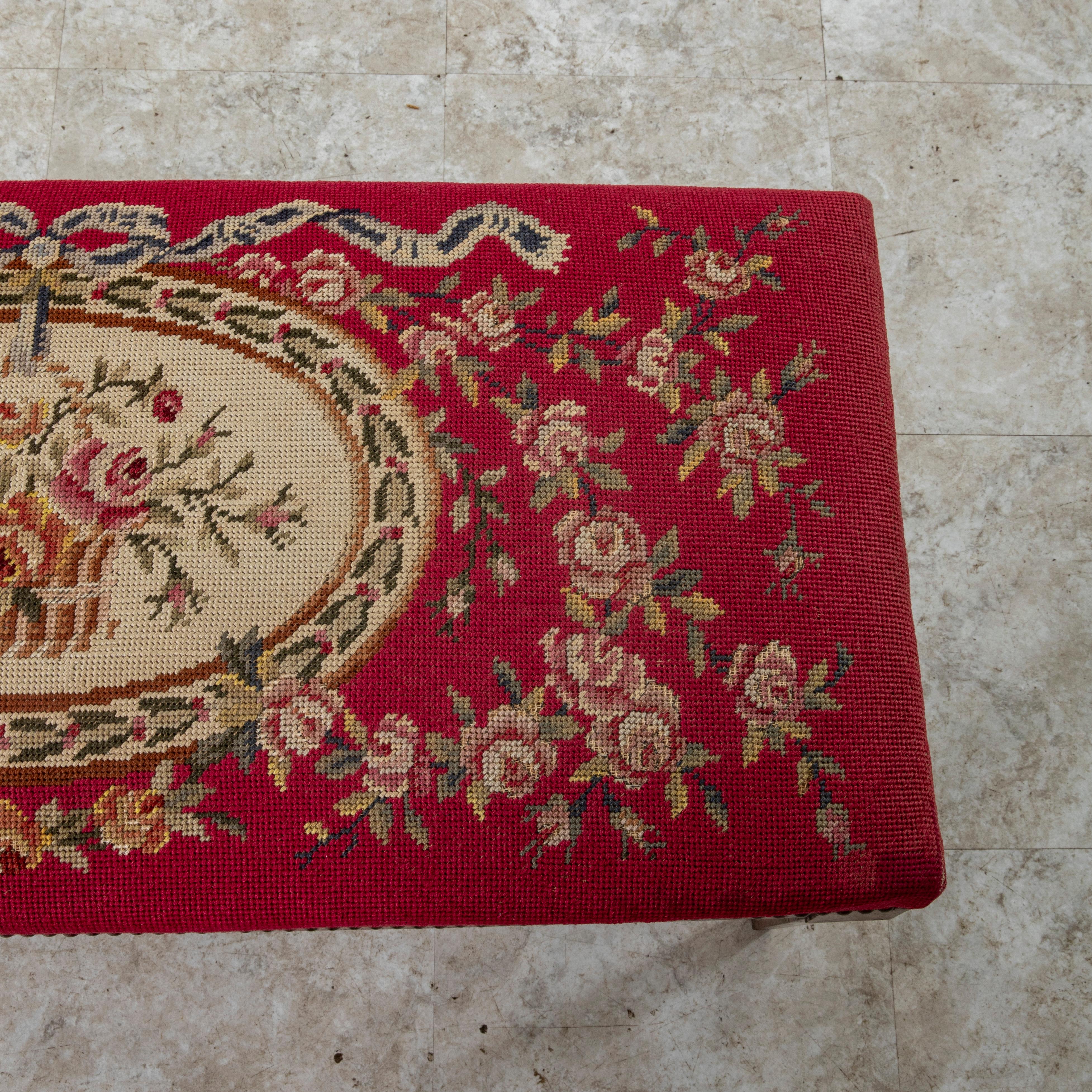 19th Century French Louis XVI Style Marquetry Bench, Banquette, Needlepoint 4