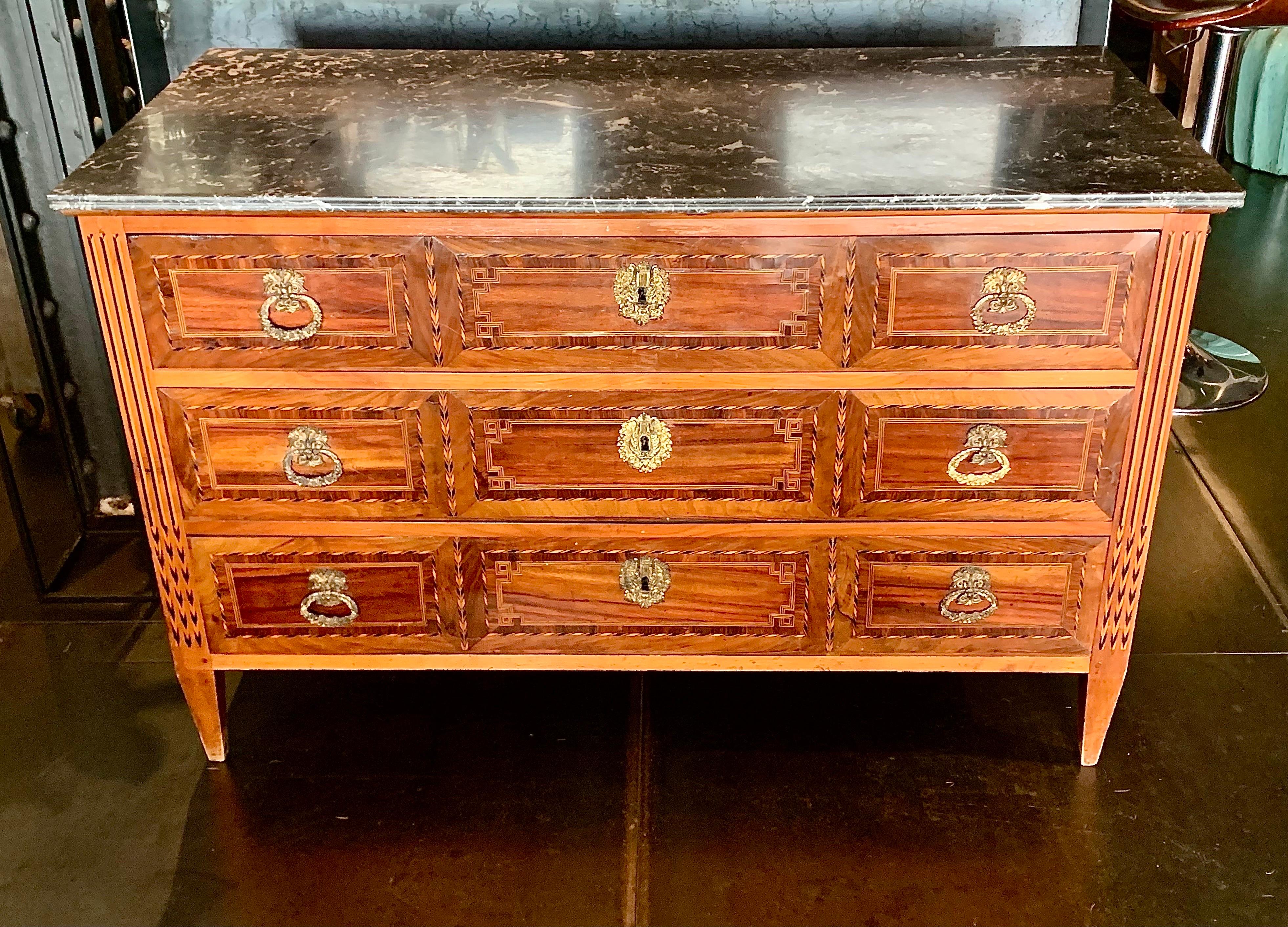 19th Century French Louis XVI Style Marquetry Walnut Commode Chest of Drawers For Sale 7