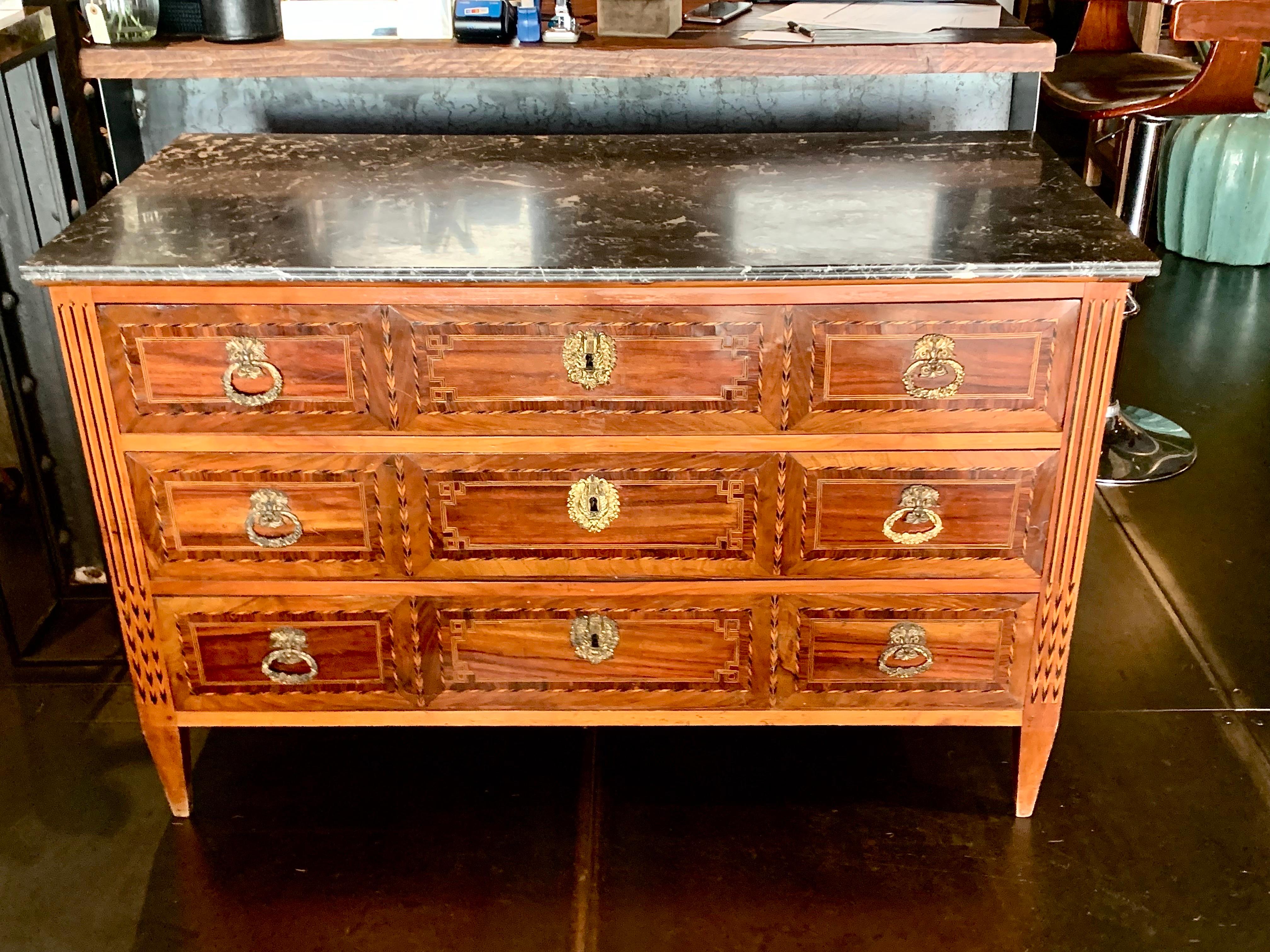 19th Century French Louis XVI Style Marquetry Walnut Commode Chest of Drawers For Sale 10