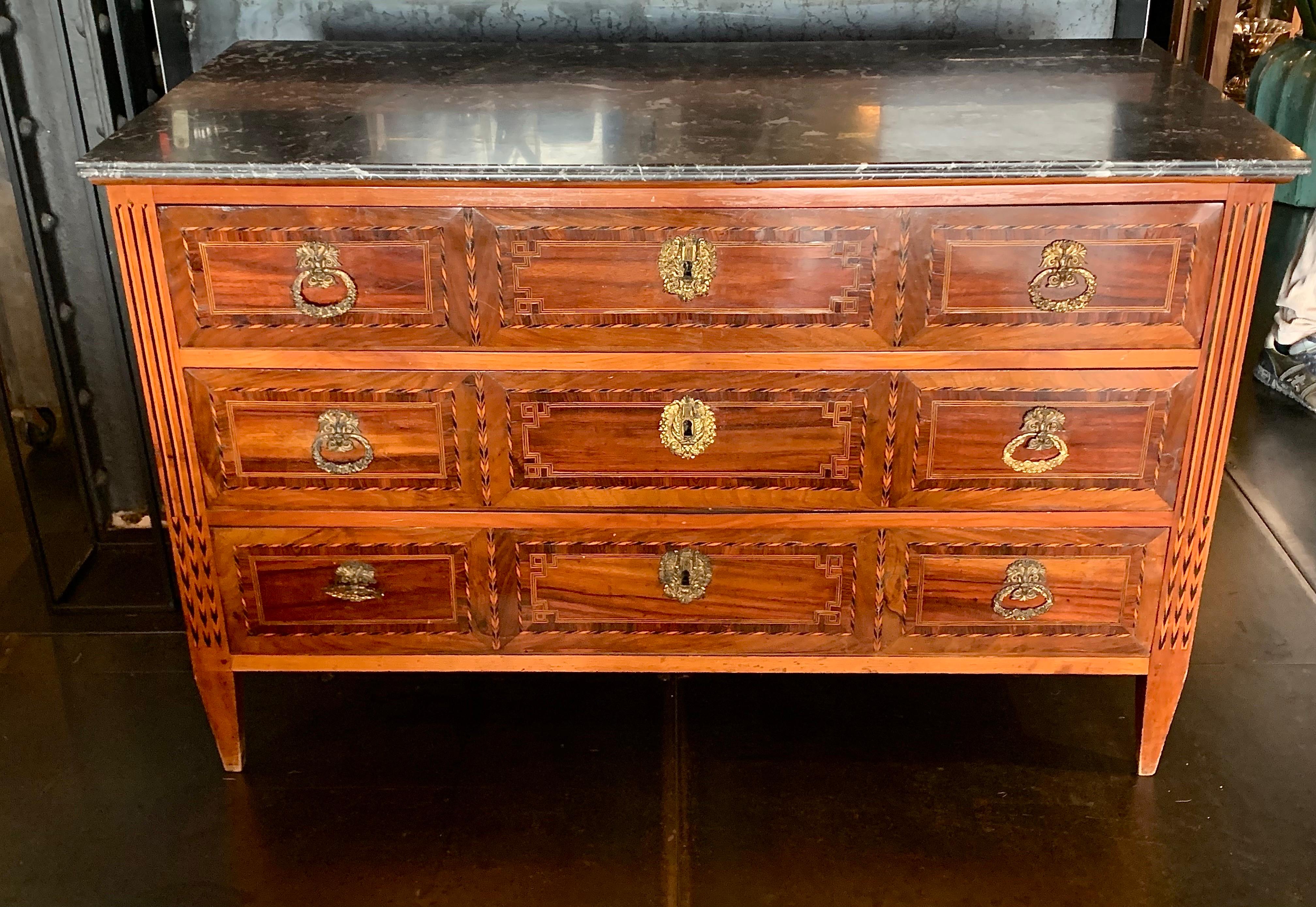 19th Century French Louis XVI Style Marquetry Walnut Commode Chest of Drawers For Sale 14