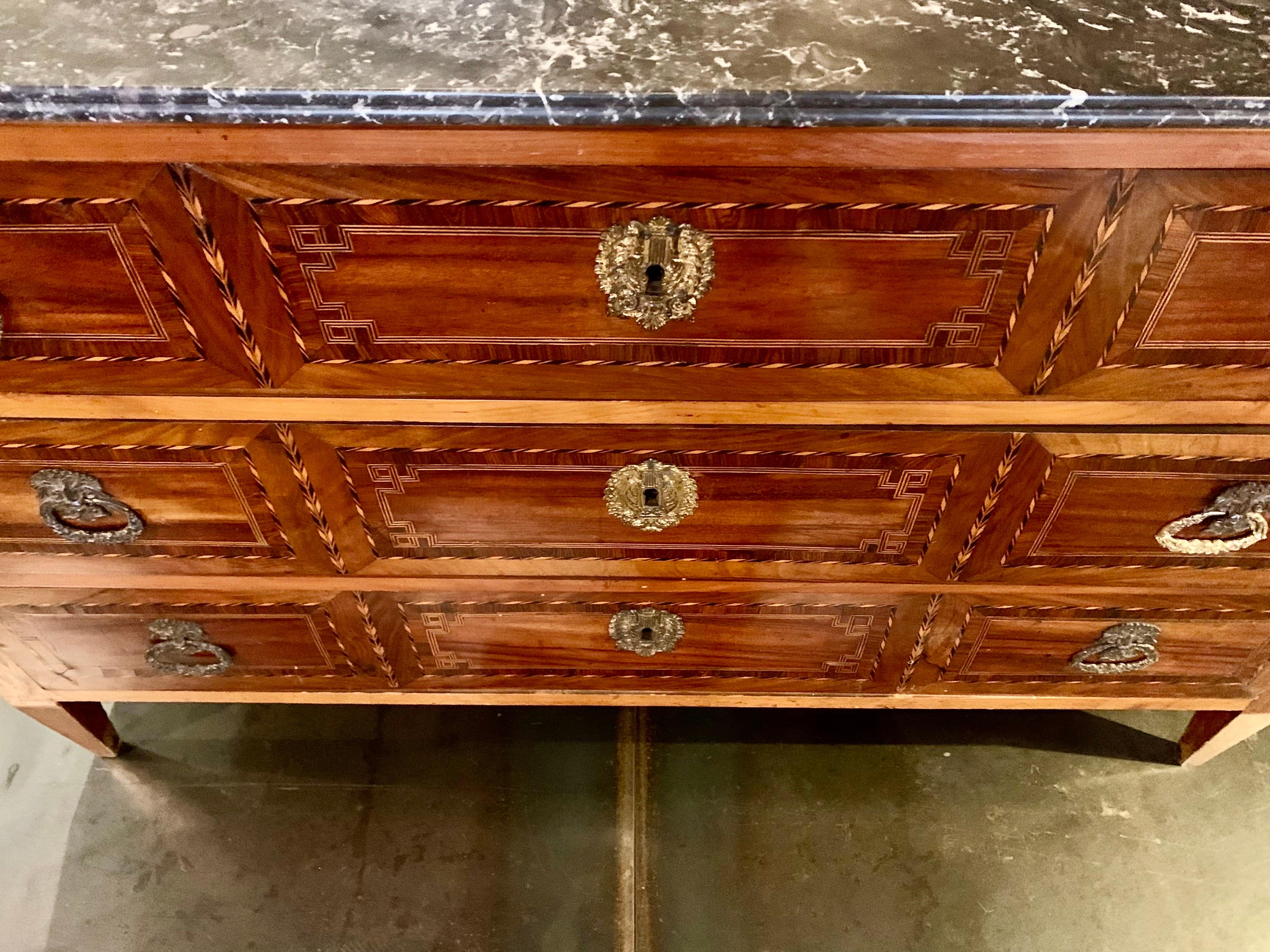 Bronze 19th Century French Louis XVI Style Marquetry Walnut Commode Chest of Drawers For Sale
