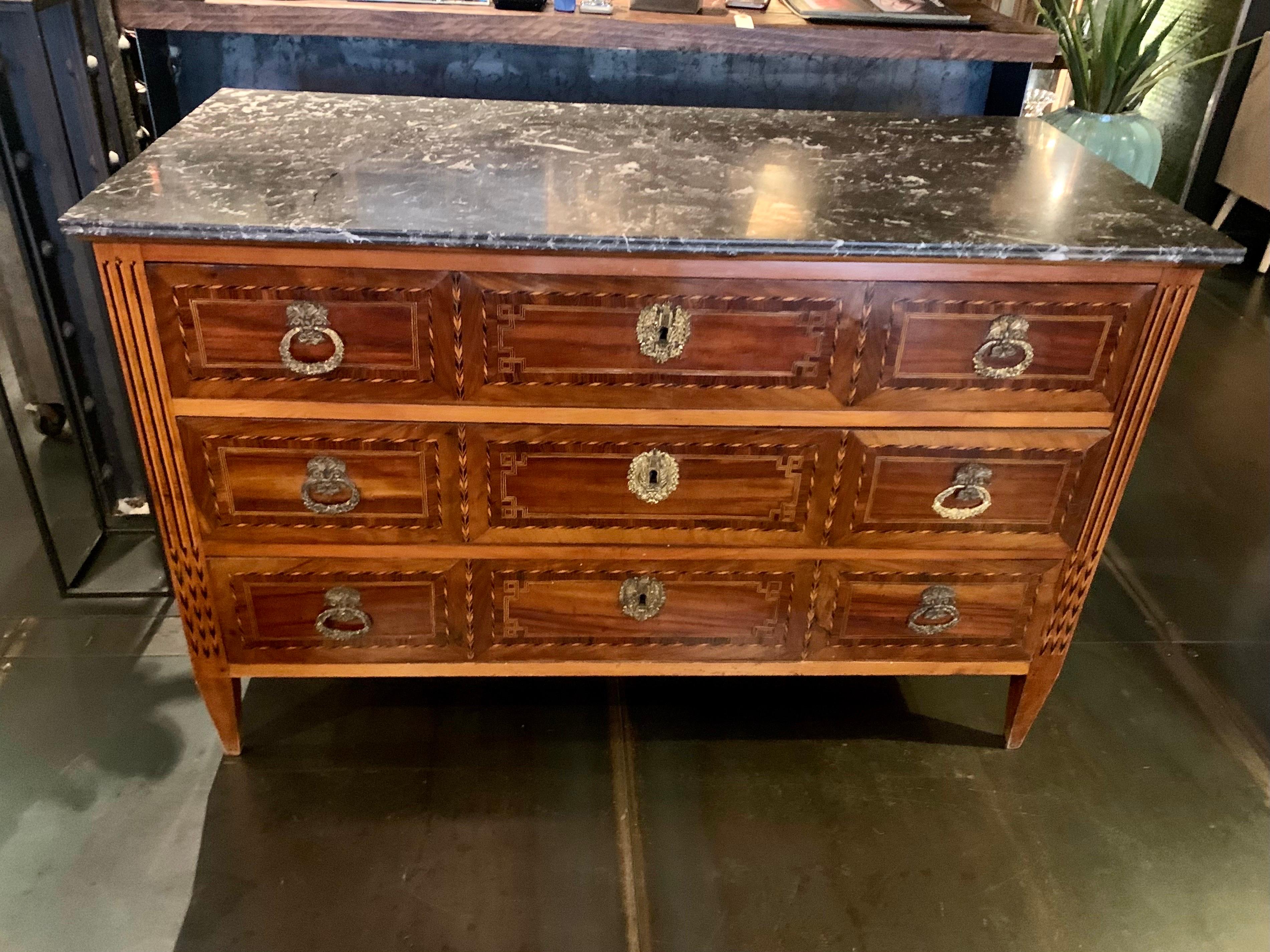 19th Century French Louis XVI Style Marquetry Walnut Commode Chest of Drawers 4