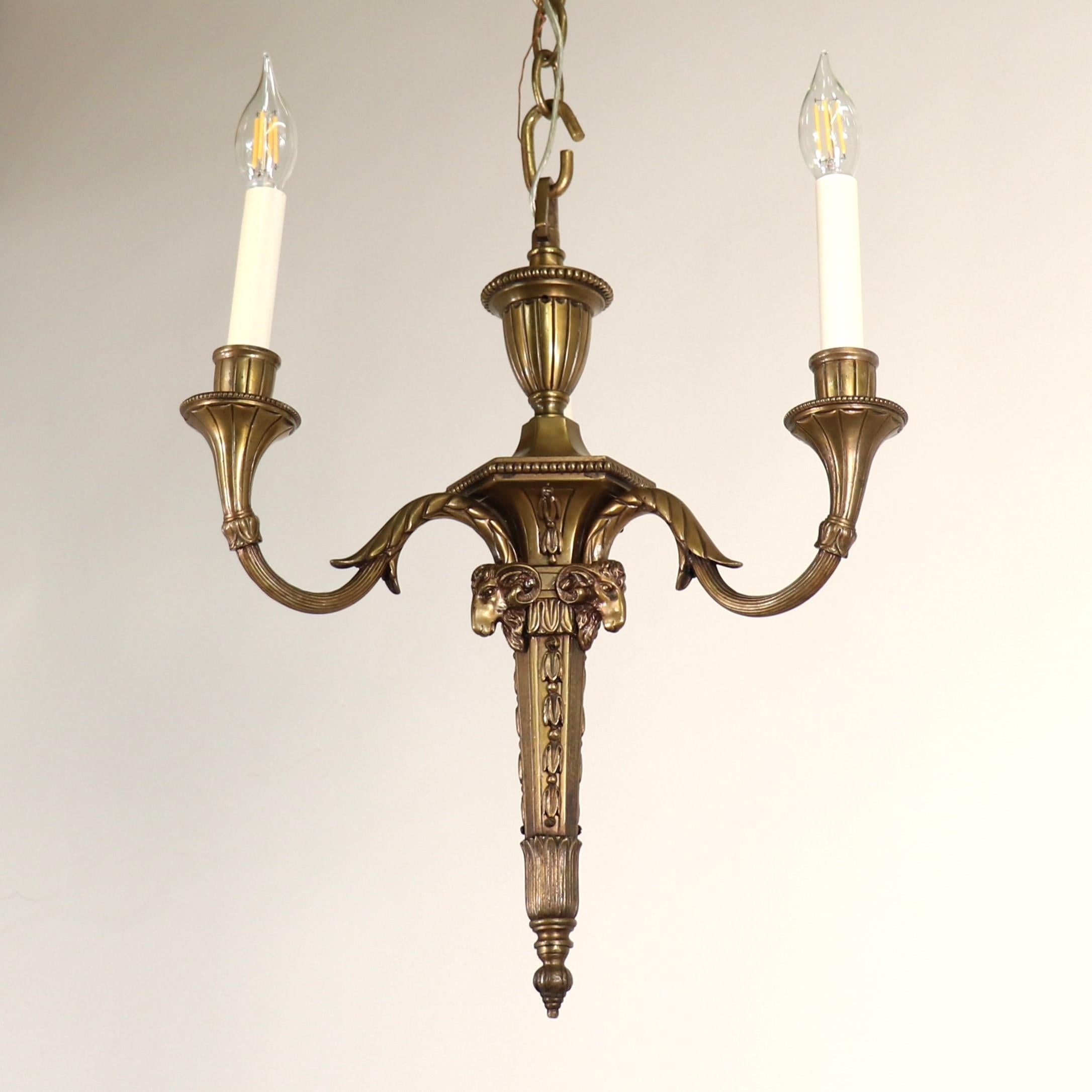 Hand-Carved 19th Century French Louis XVI Style Neoclassical Bronze Flambeau Chandelier For Sale