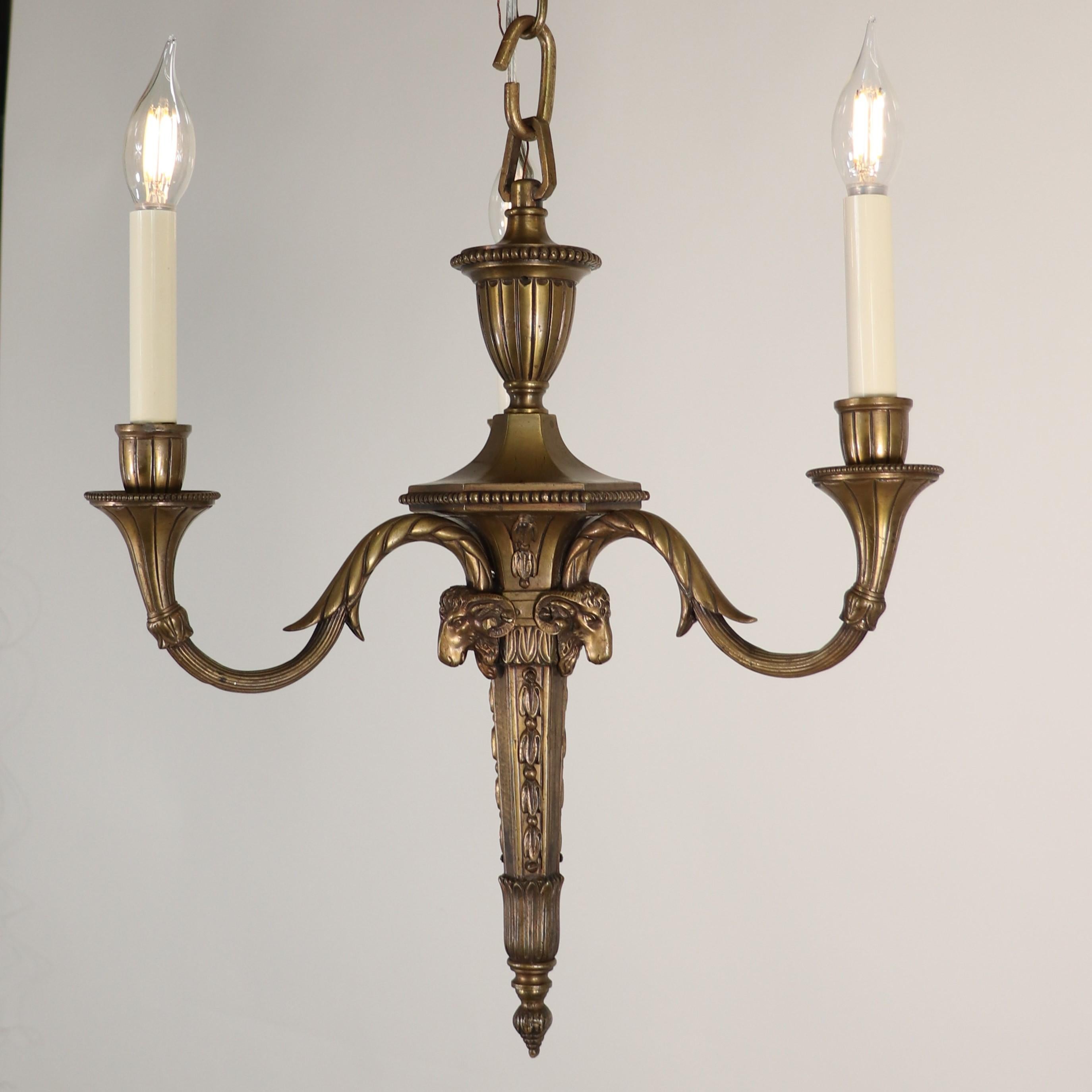 19th Century French Louis XVI Style Neoclassical Bronze Flambeau Chandelier In Good Condition For Sale In Chicago, IL