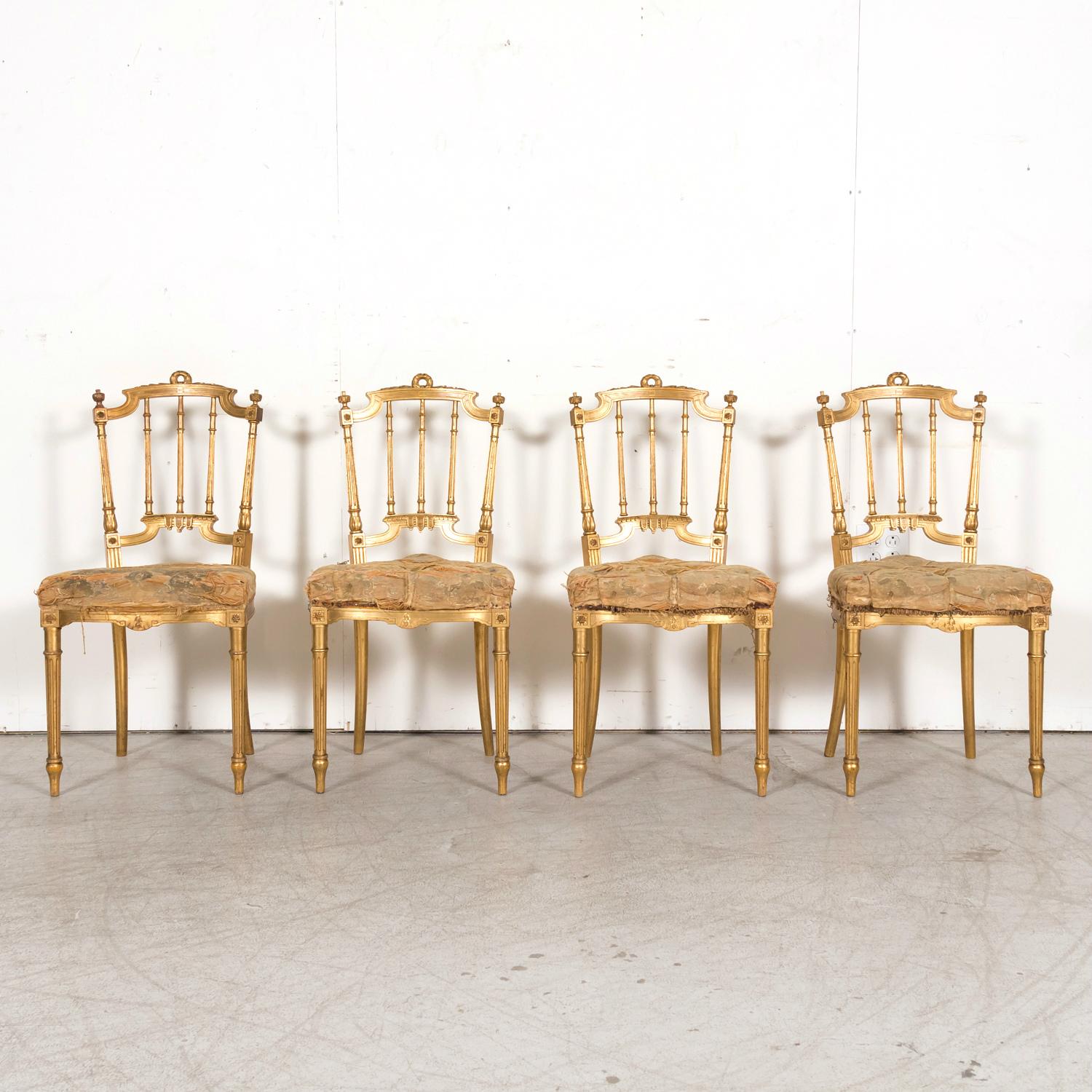 Four 19th century French Louis XVI style gilded opera chairs with tufted seats, handcrafted in Paris, circa 1860s. Red oxidation showing through the beautiful water gilded patina that is original to the chairs. Typically used at the opera, they are