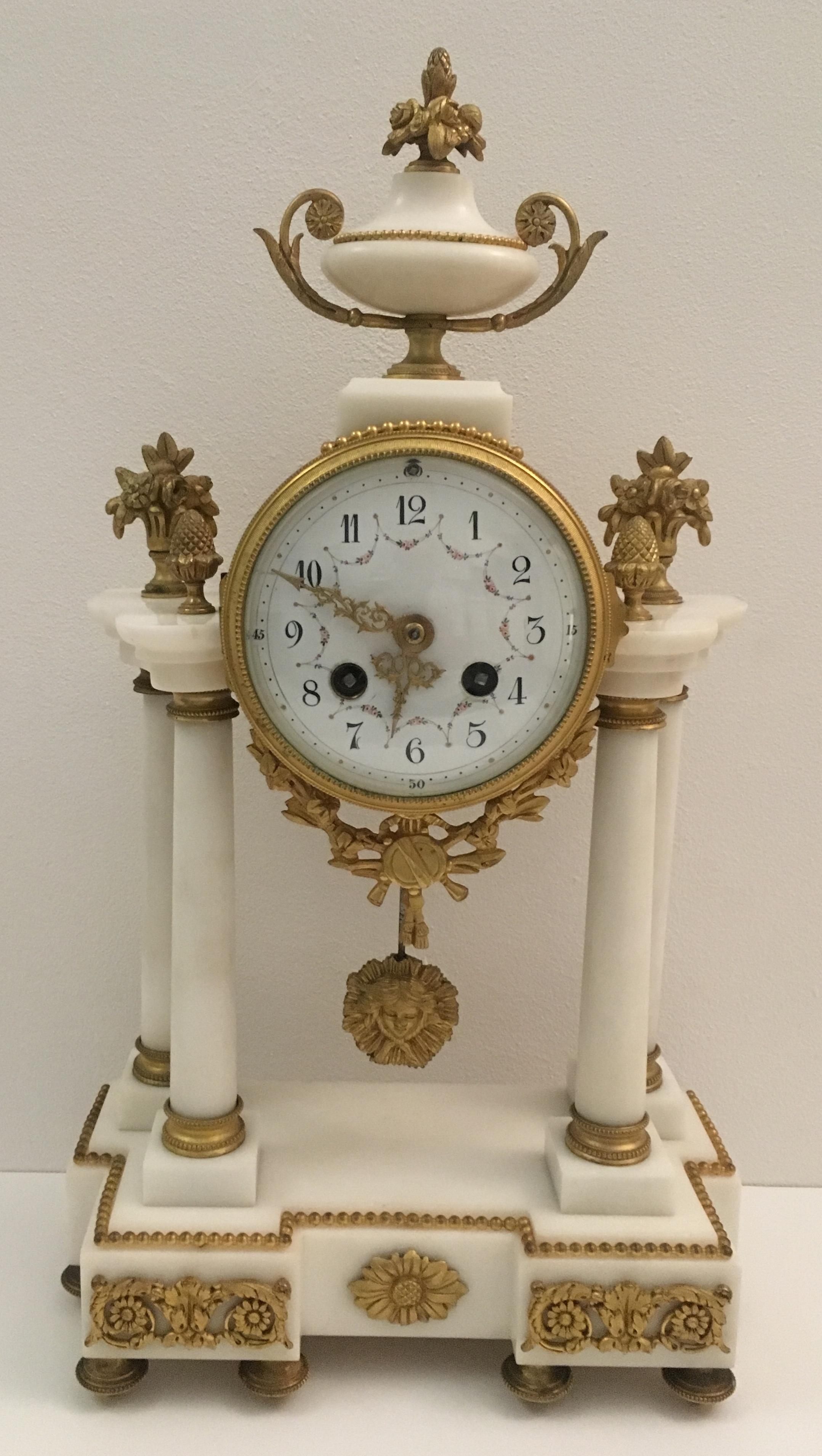 Hand-Crafted 19th Century French Louis XVI Style Ormolu and White Marble Boudoir Clock Set For Sale