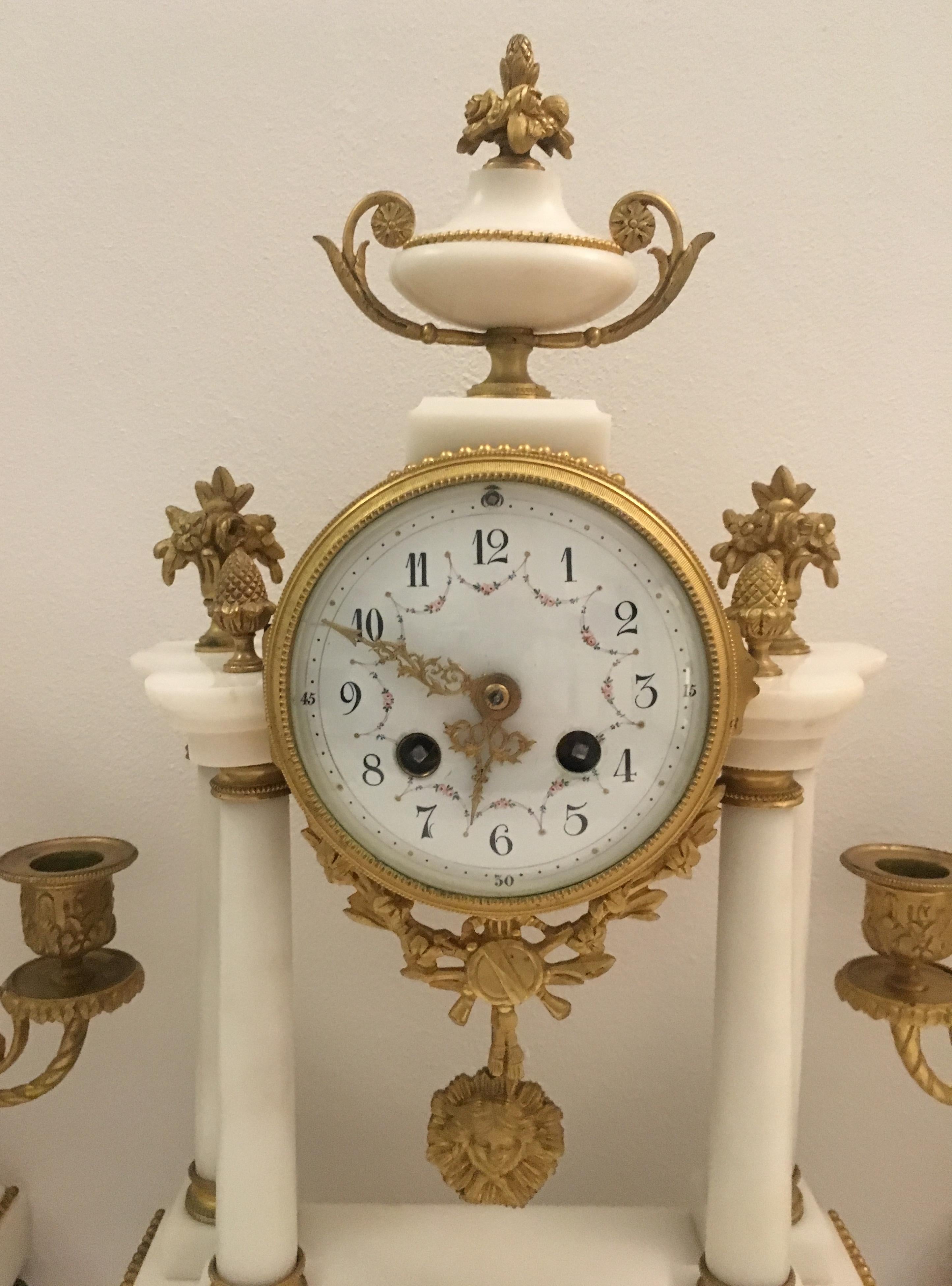 19th Century French Louis XVI Style Ormolu and White Marble Boudoir Clock Set For Sale 3