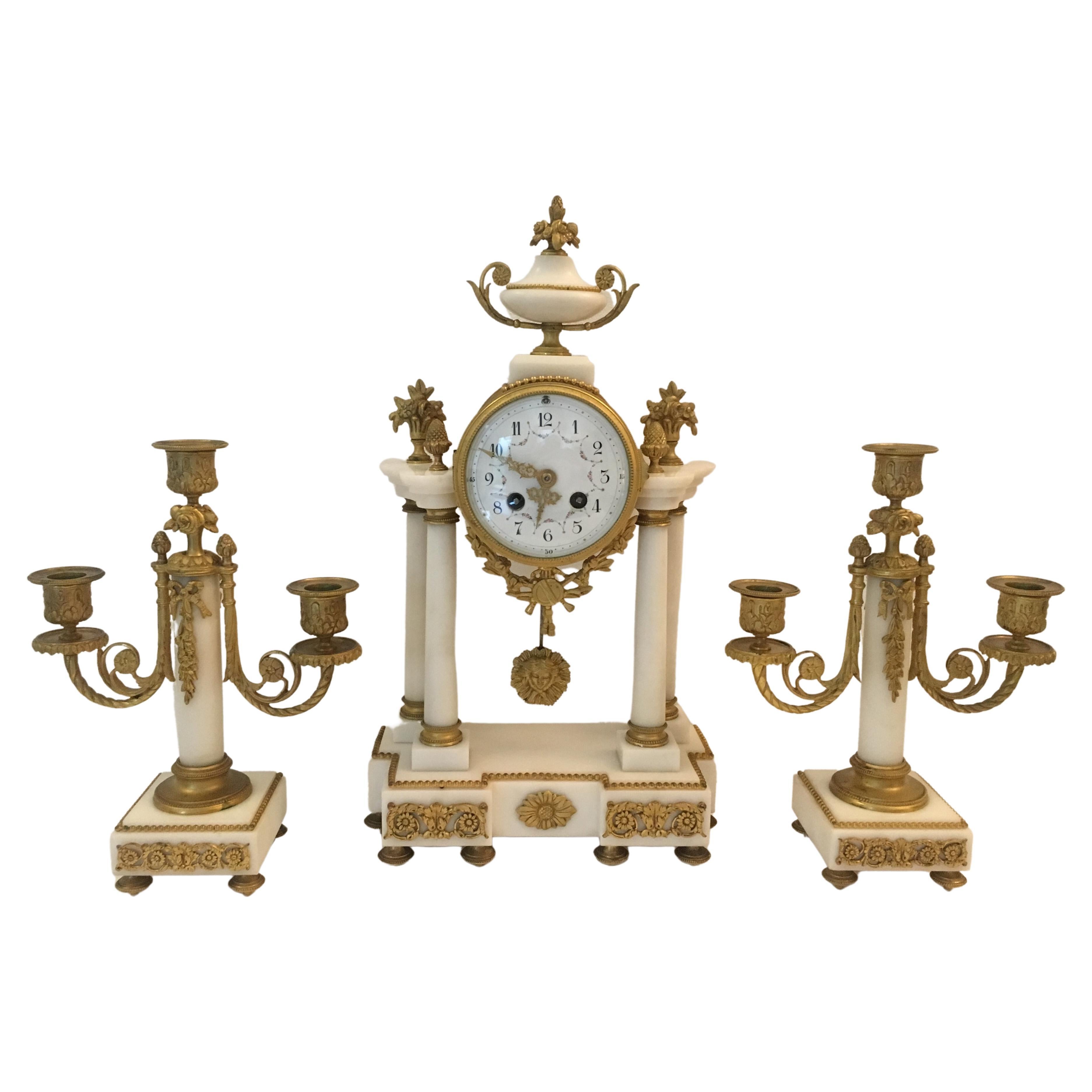 19th Century French Louis XVI Style Ormolu and White Marble Boudoir Clock Set For Sale