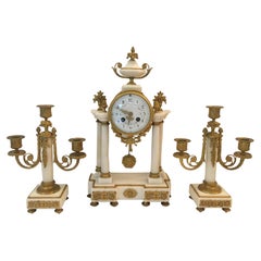 19th Century French Louis XVI Style Ormolu and White Marble Boudoir Clock Set
