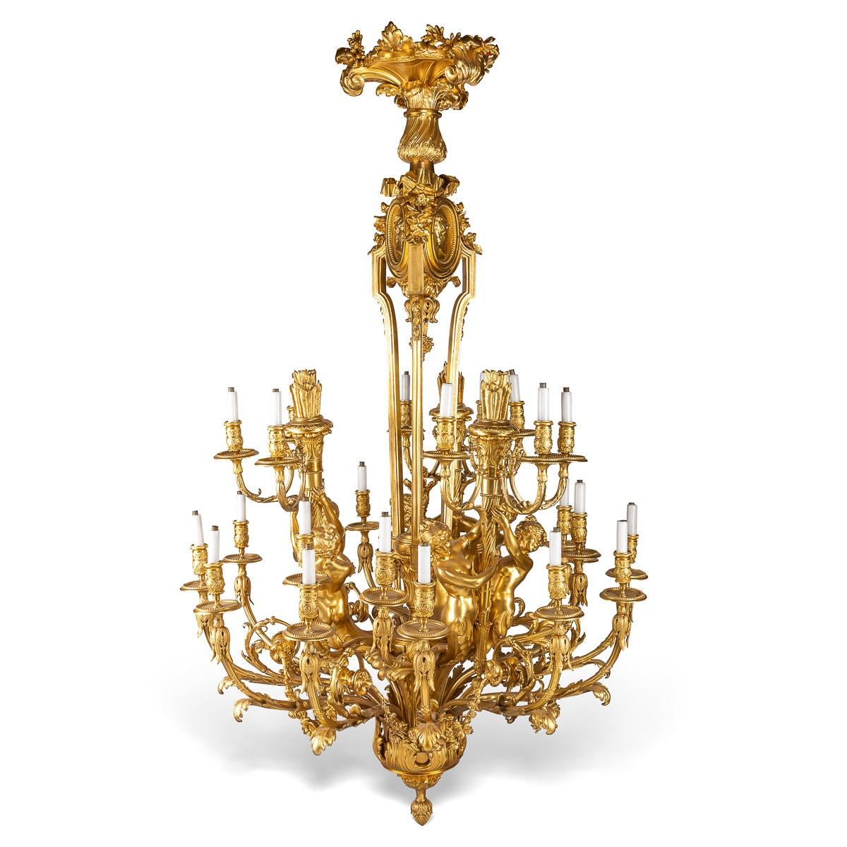 Antique late-19th century French palatial ormolu bronze twenty-seven light chandelier by the renowned designer and bronzier Maison Mottheau et Fils. This chandelier is in superb condition, the foliate and swag adorned branch arms held by six nude