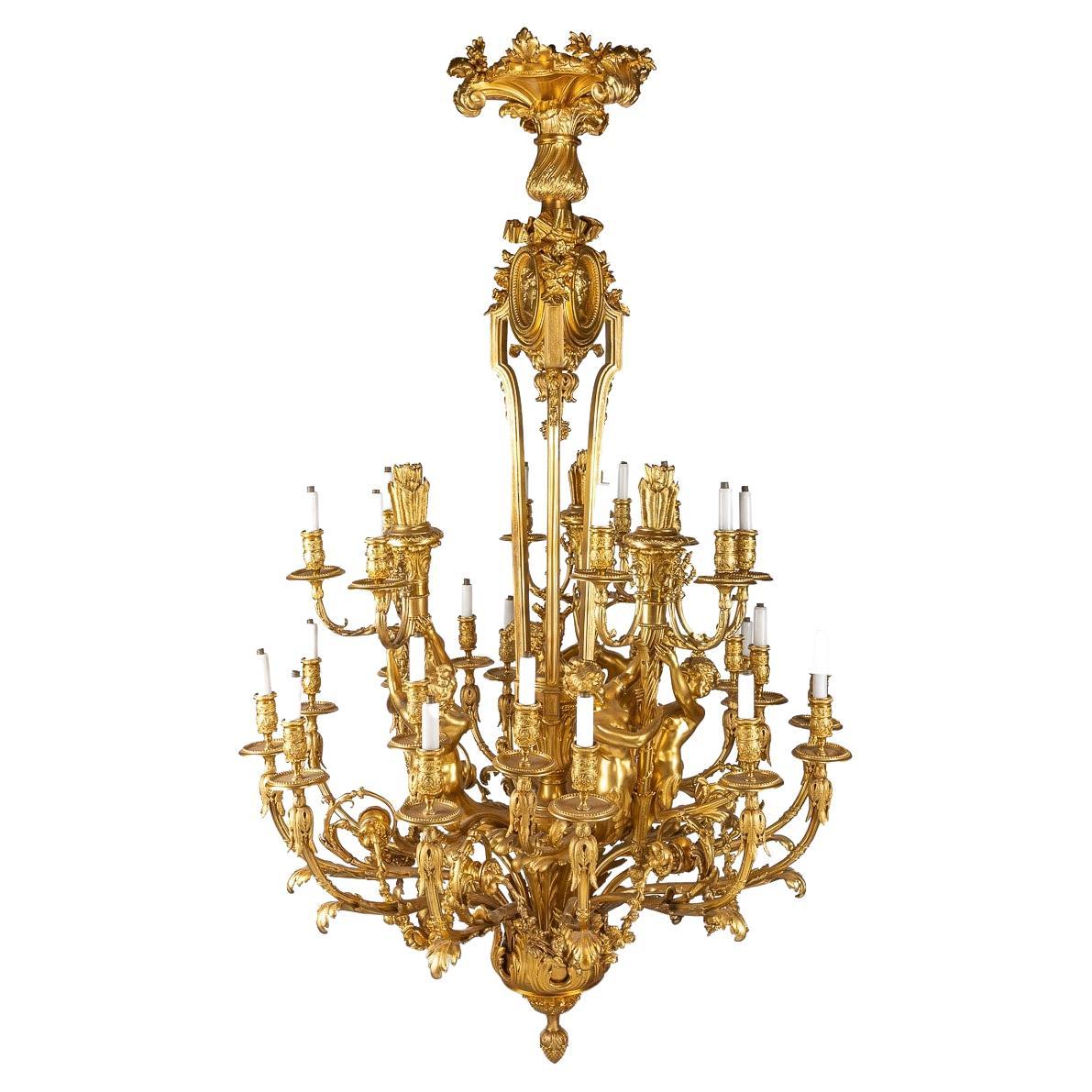 Zwanzig-Licht-Kronleuchter aus Goldbronze im französischen Louis-XVI.-Stil des 19. Jahrhunderts, um 1890