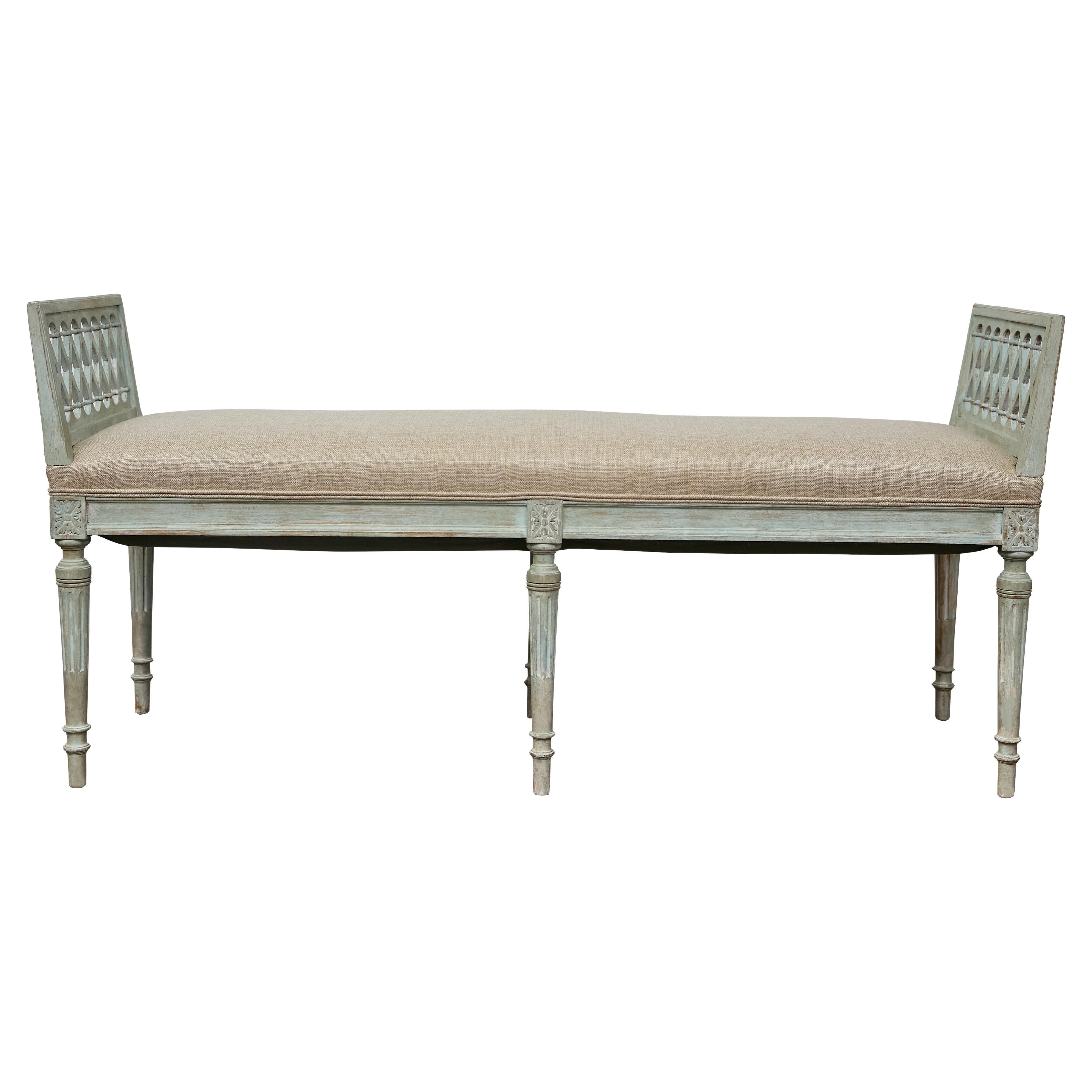 19th Century French Louis XVI Style Painted and Carved Bench with Upholstery