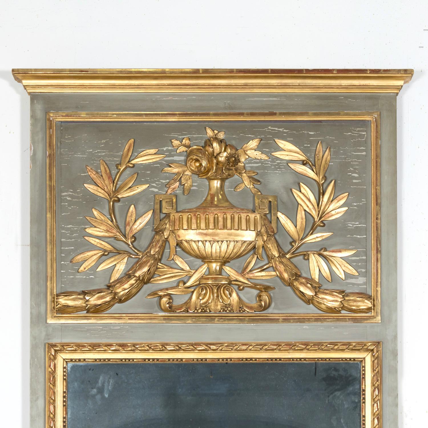 Hand-Crafted 19th Century French Louis XVI Style Painted and Parcel Gilt Trumeau Mirror