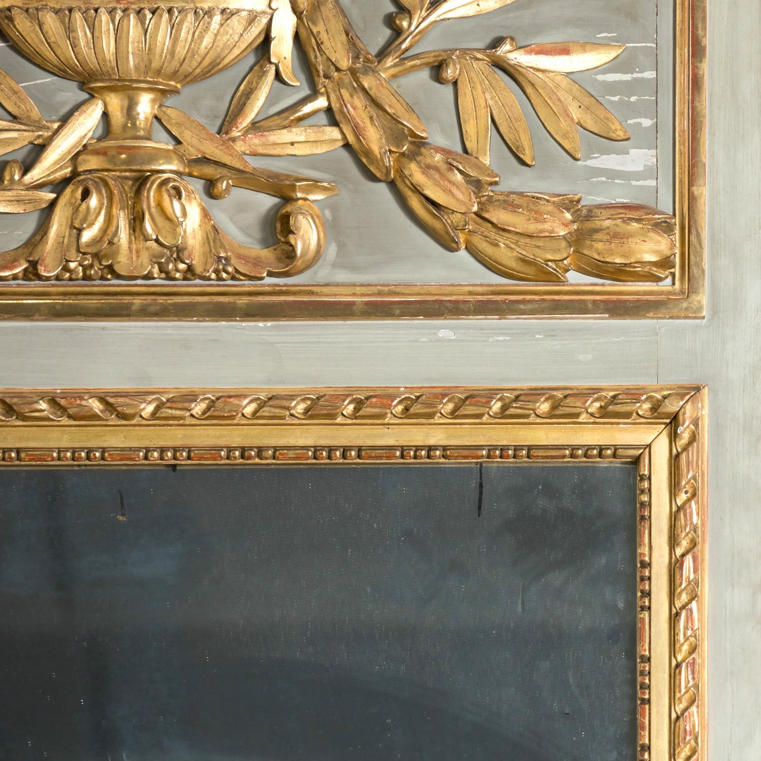 19th Century French Louis XVI Style Painted and Parcel Gilt Trumeau Mirror 1