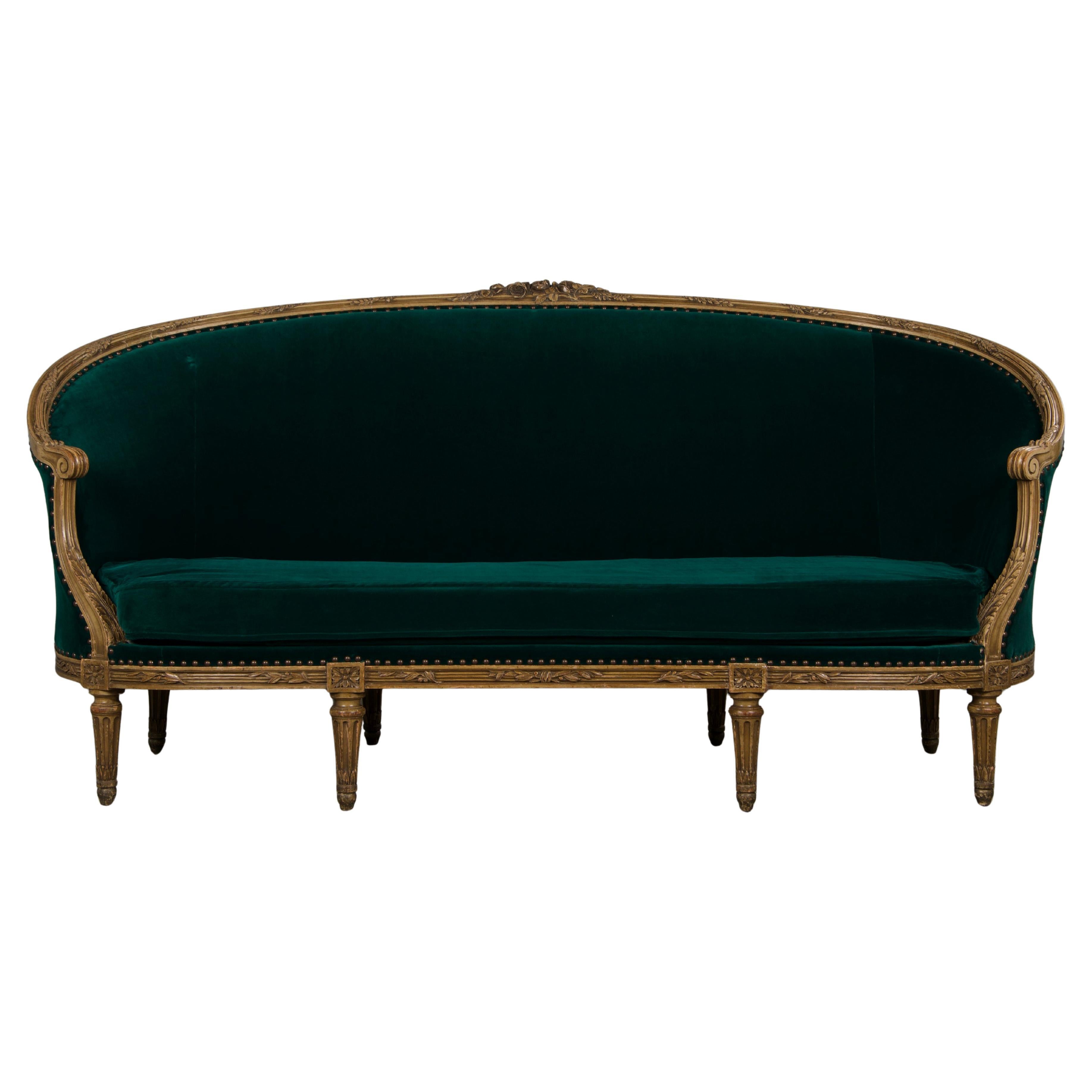 19th Century French Louis XVI Style Painted Curved Settee W/ Dark Green Velvet
