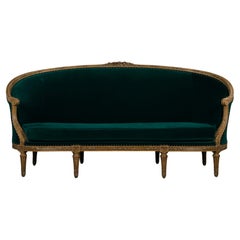 19th Century French Louis XVI Style Painted Curved Settee W/ Dark Green Velvet