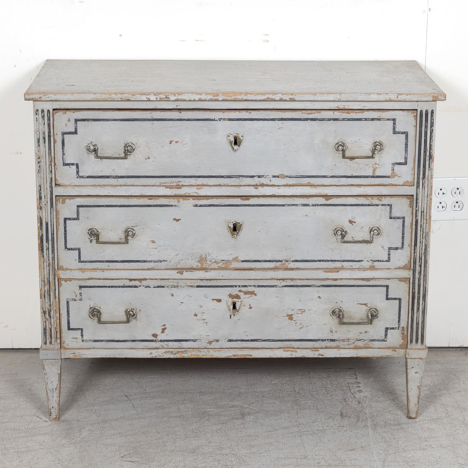 Hand-Painted 19th Century French Louis XVI Style Painted Three-Drawer Commode