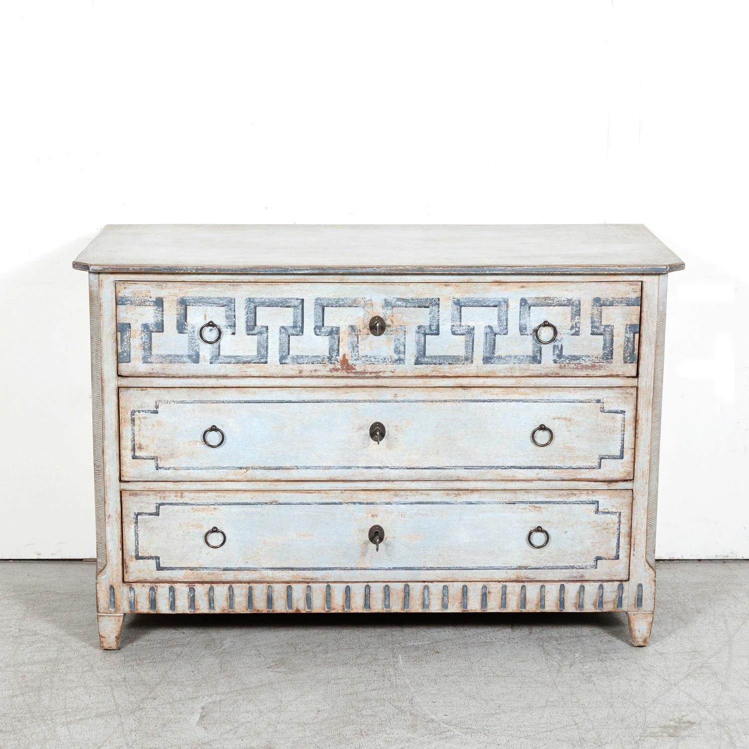 Hand-Painted 19th Century French Louis XVI Style Painted Three-Drawer Neoclassical Commode