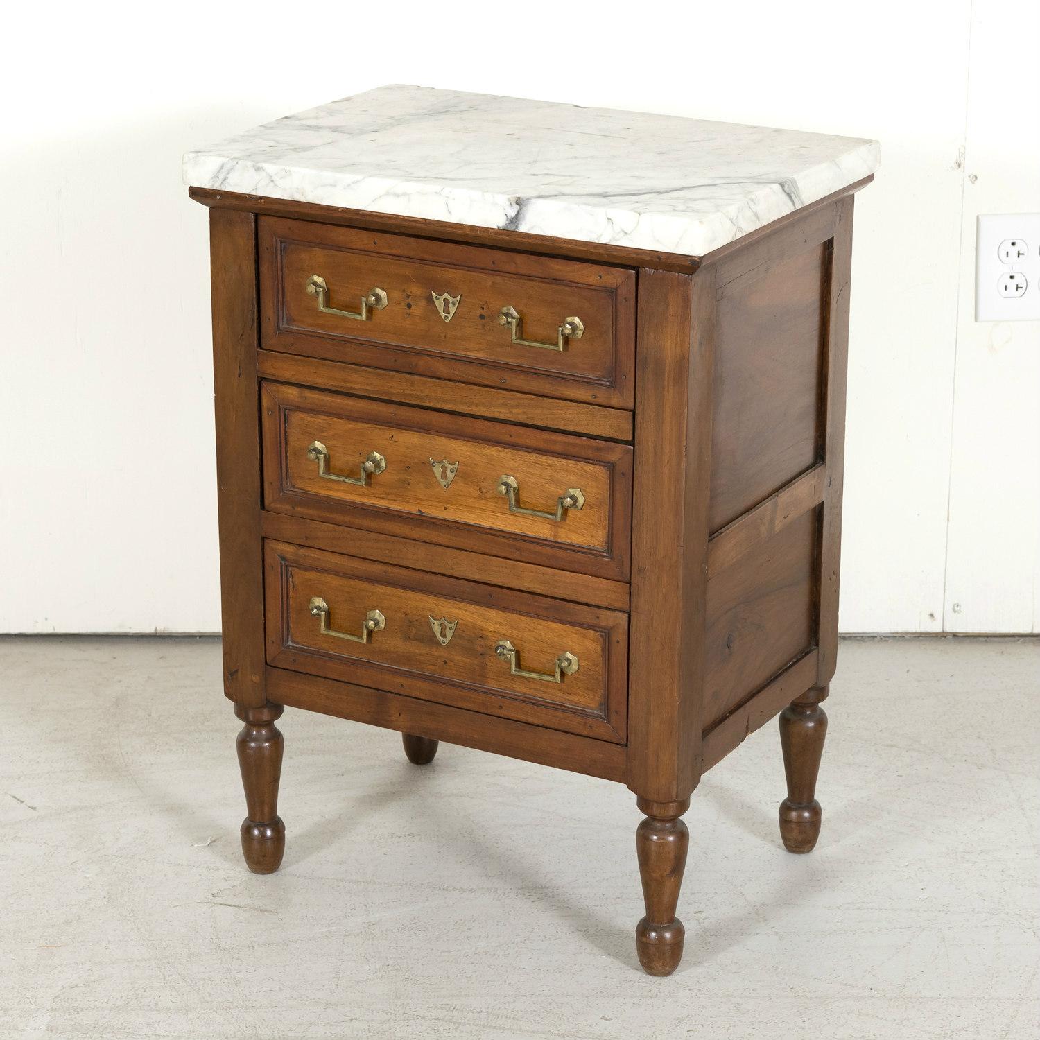 19th Century French Louis XVI Style Petite Walnut Commode with Marble Top In Good Condition In Birmingham, AL