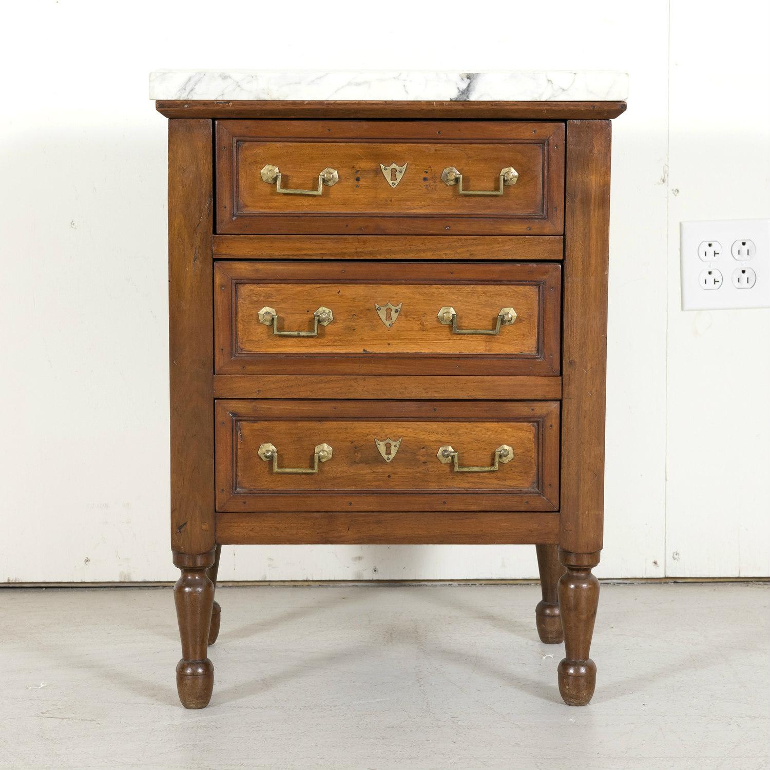 Carrara Marble 19th Century French Louis XVI Style Petite Walnut Commode with Marble Top