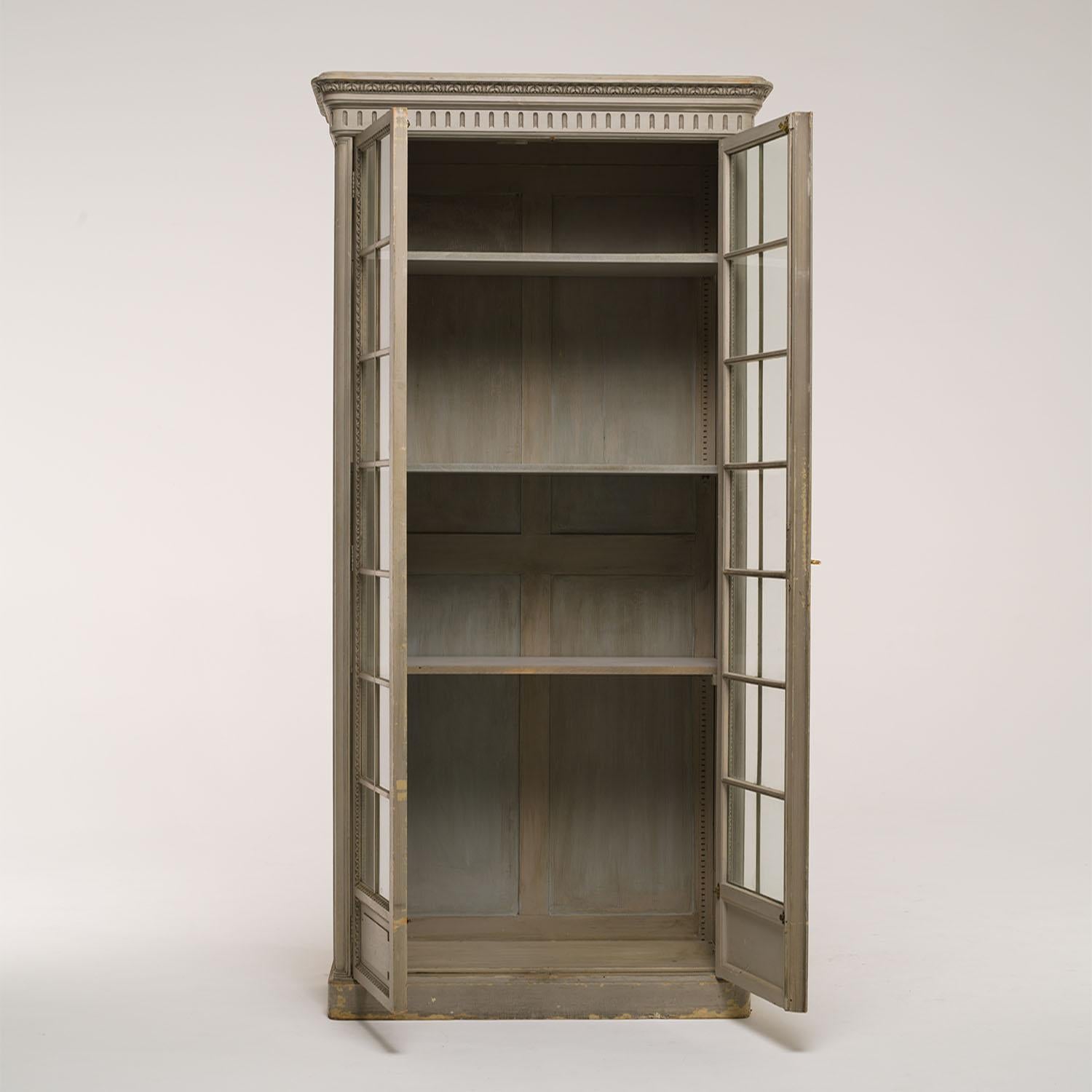 Hand-Crafted 19th Century French Louis XVI Style Pinewood, Paned Glass Two Door Bookcase For Sale
