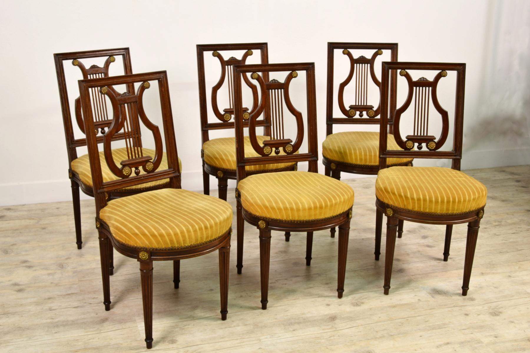 Directoire 19th Century, French Louis XVI Style Six Wood Chairs and Two Wood Armchairs For Sale