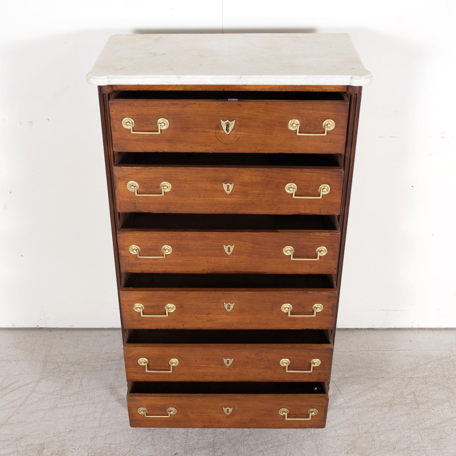 Carrara Marble 19th Century French Louis XVI Style Tall Mahogany Gentleman's Chest of Drawers