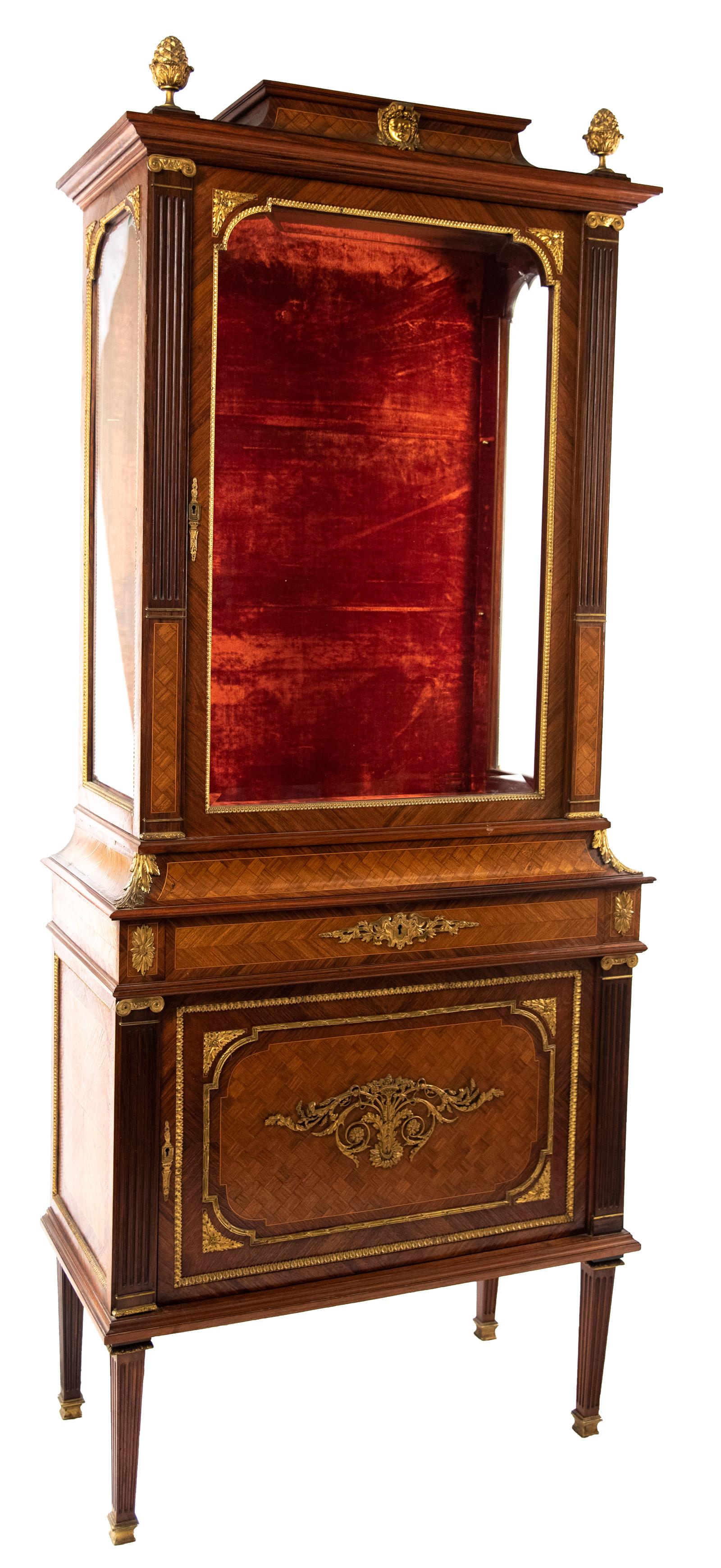 19th century French Louis XVI style vitrine in parqueted wood with ormolu mounts by A. Bastet, Lyon.