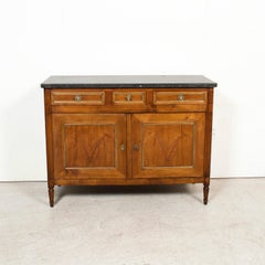 19th Century French Louis XVI Style Walnut Buffet with Black Marble Top & Brass
