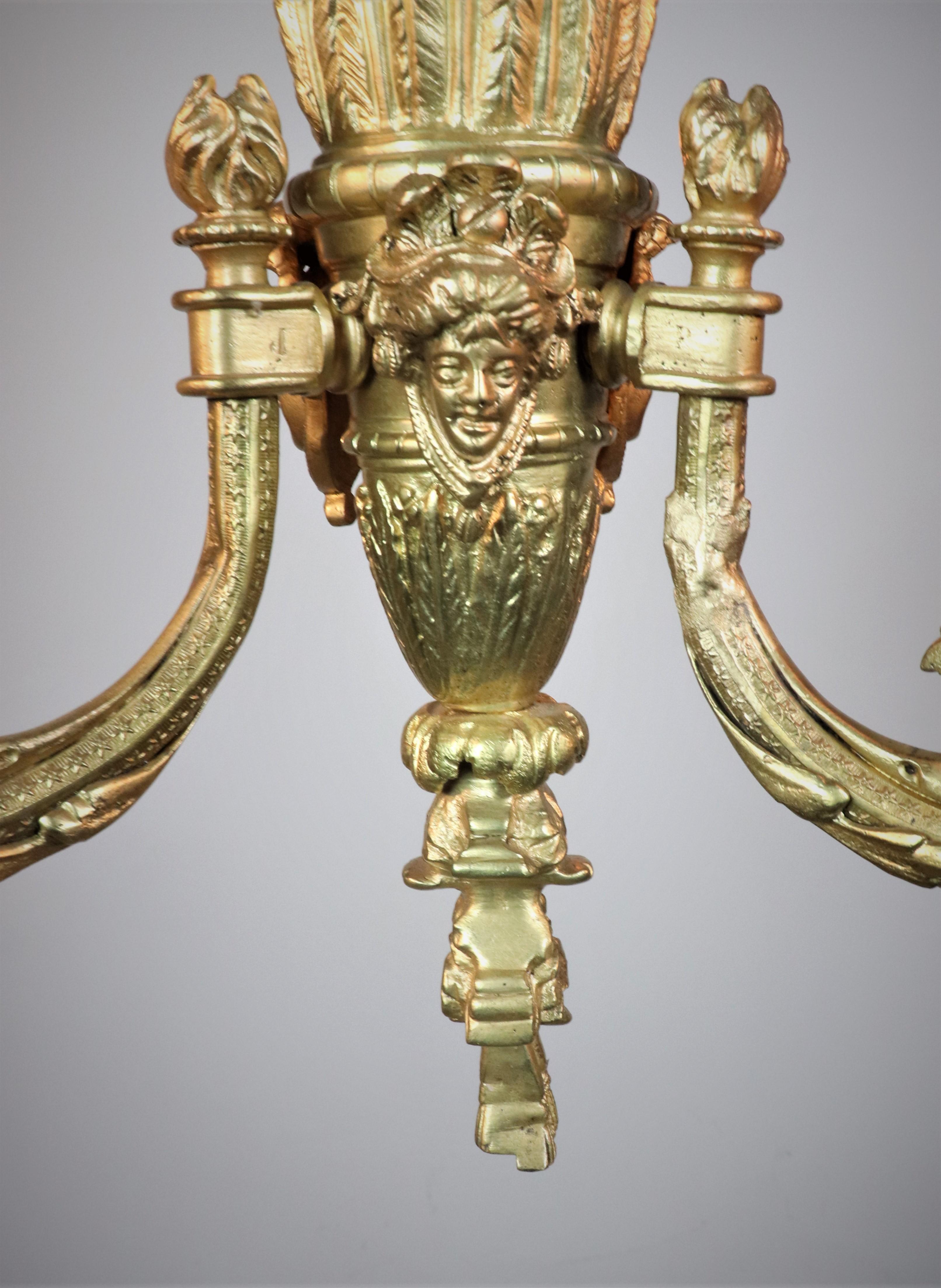 19th Century French Louis XVI Style Yellow Gold Gilt Bronze Flambeau Chandelier For Sale 6