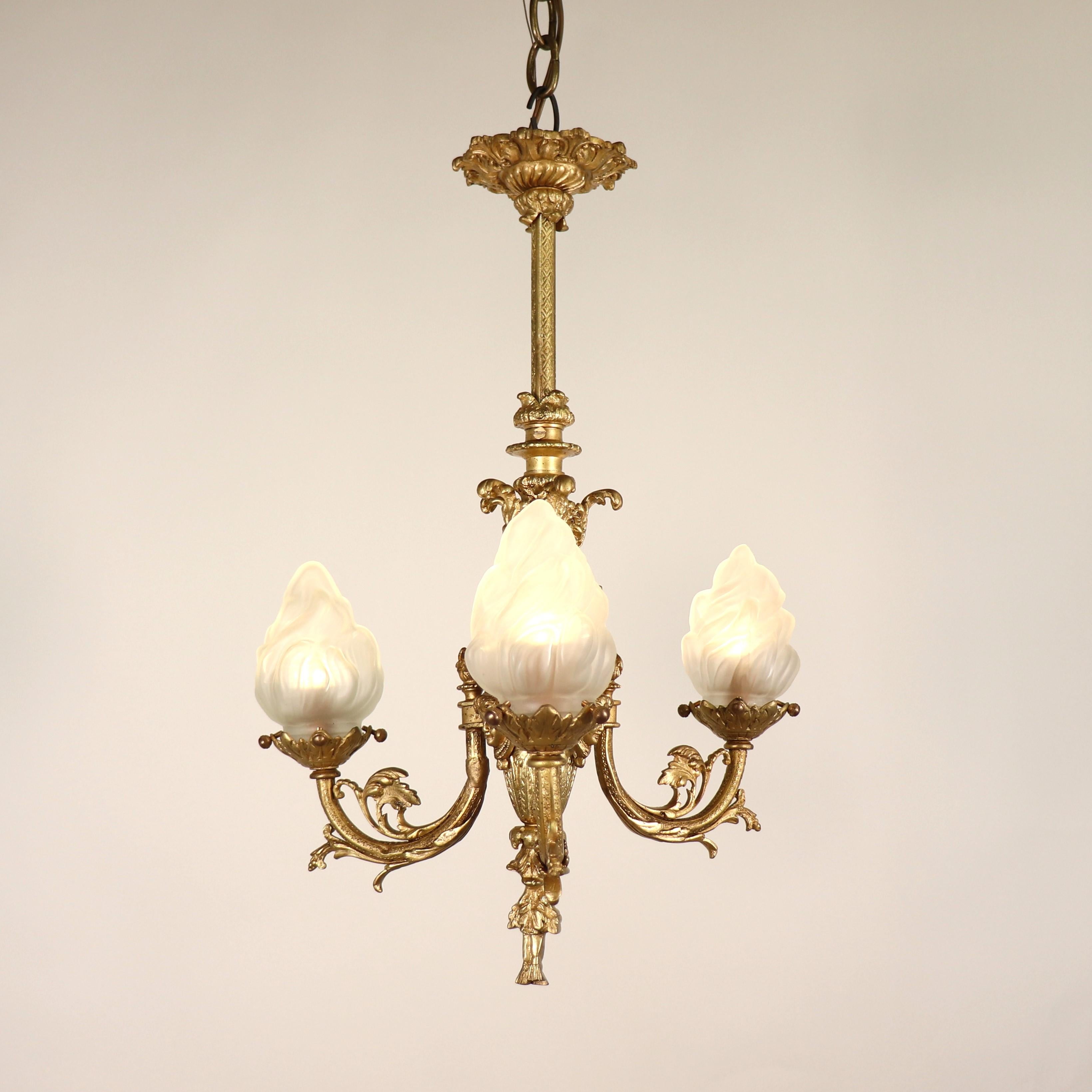 Hand-Carved 19th Century French Louis XVI Style Yellow Gold Gilt Bronze Flambeau Chandelier For Sale