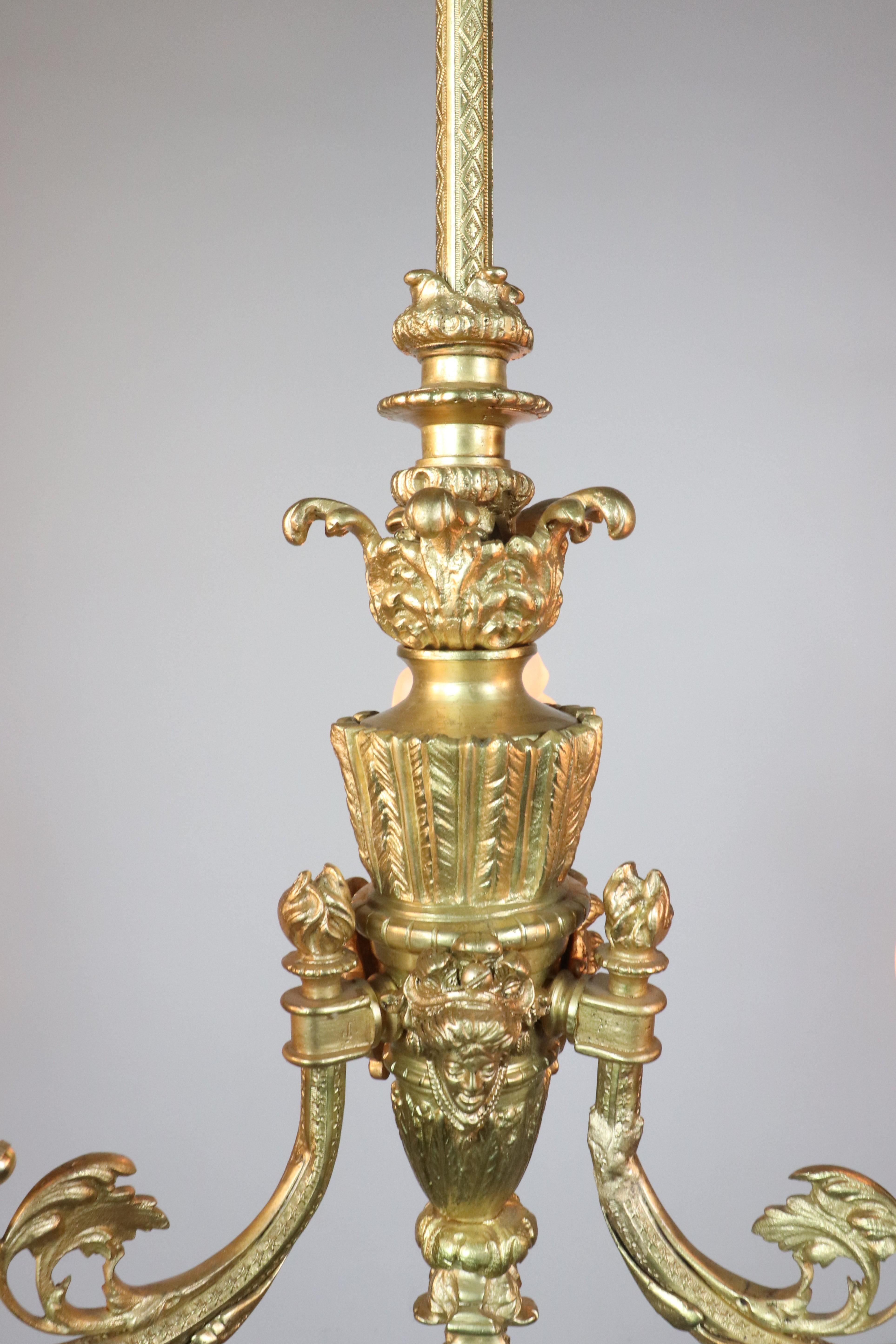 19th Century French Louis XVI Style Yellow Gold Gilt Bronze Flambeau Chandelier For Sale 3