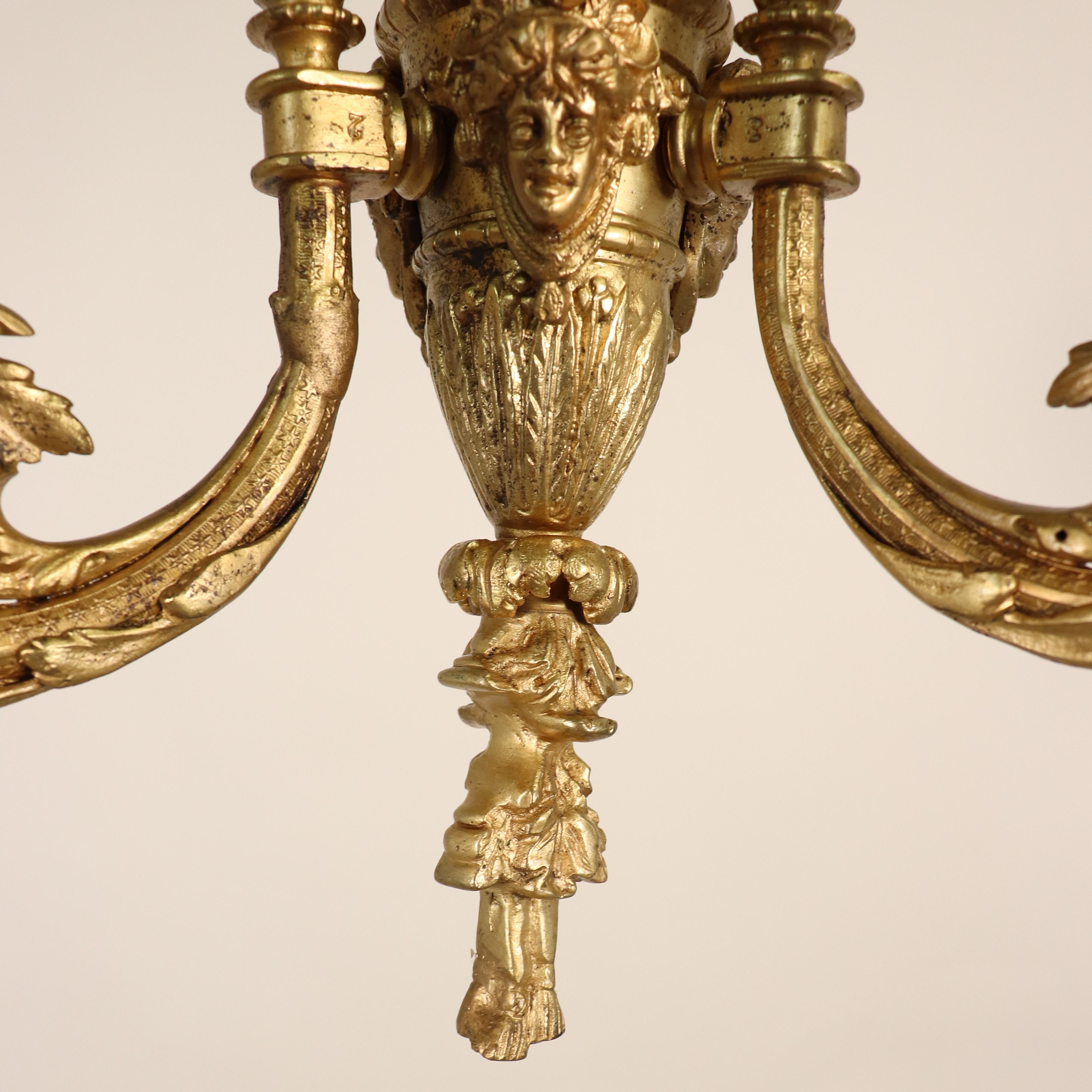 19th Century French Louis XVI Style Yellow Gold Gilt Bronze Flambeau Chandelier For Sale 4