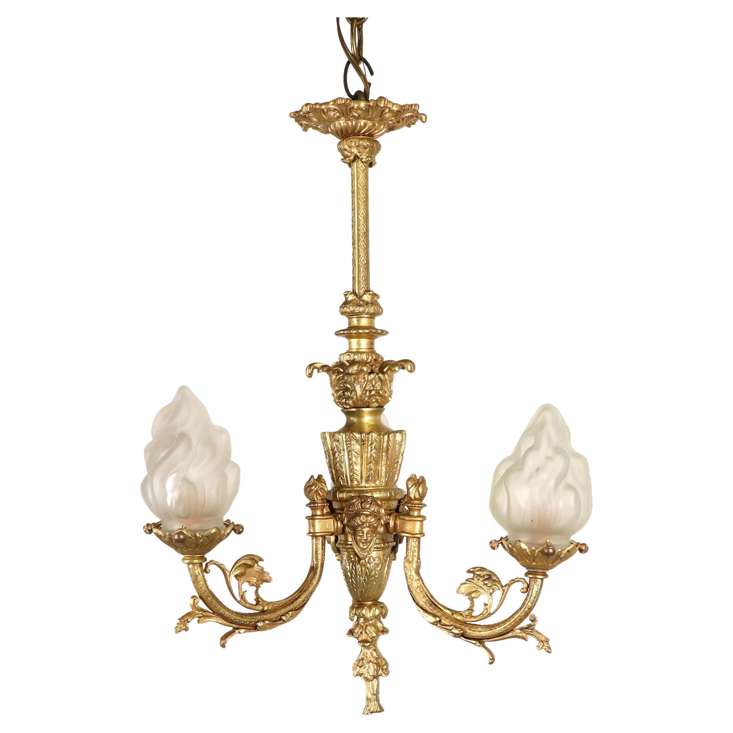 19th Century French Louis XVI Style Yellow Gold Gilt Bronze Flambeau Chandelier For Sale