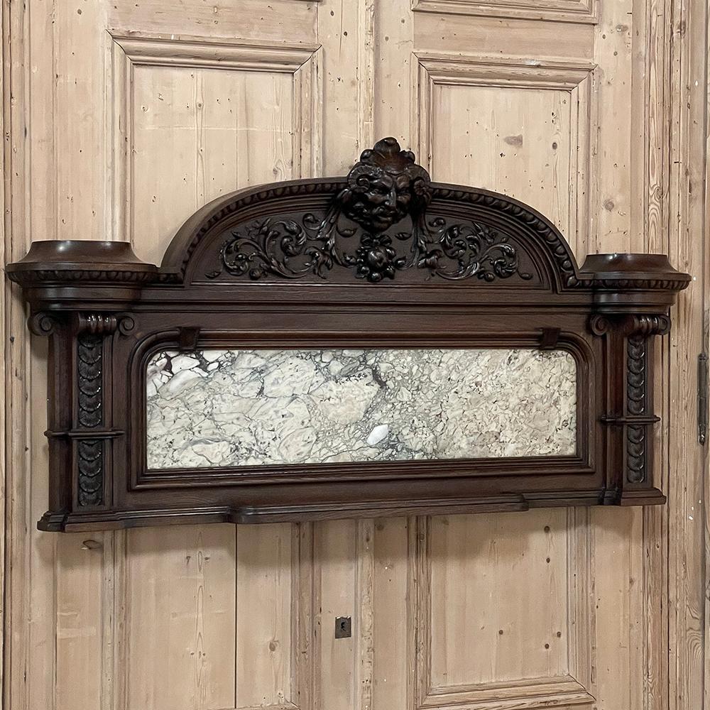 19th Century French Neoclassical Louis XVI Wall Decoration with Marble Inset and Carved Bacchus is an amazing work of the sculptor's art!  Created from old-growth oak, it features incredible relief and three dimensionality, starting with the
