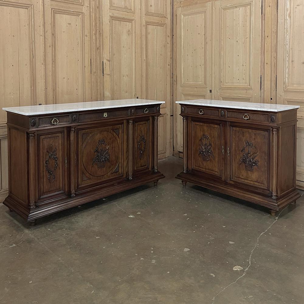19th Century French Louis XVI Walnut Buffet with Carrara Marble represents the epitome of neoclassic understated elegance as interpreted by master French craftsmen!  Utilizing indigenous, highly revered French walnut, The rectilinear casework was