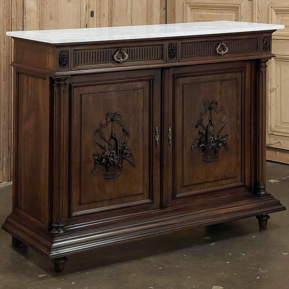Hand-Carved 19th Century French Louis XVI Walnut Buffet with Carrara Marble For Sale