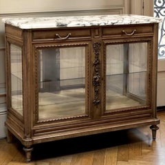 19th Century French Louis XVI Walnut Buffet with Marble Top & Hand Beveled Glass