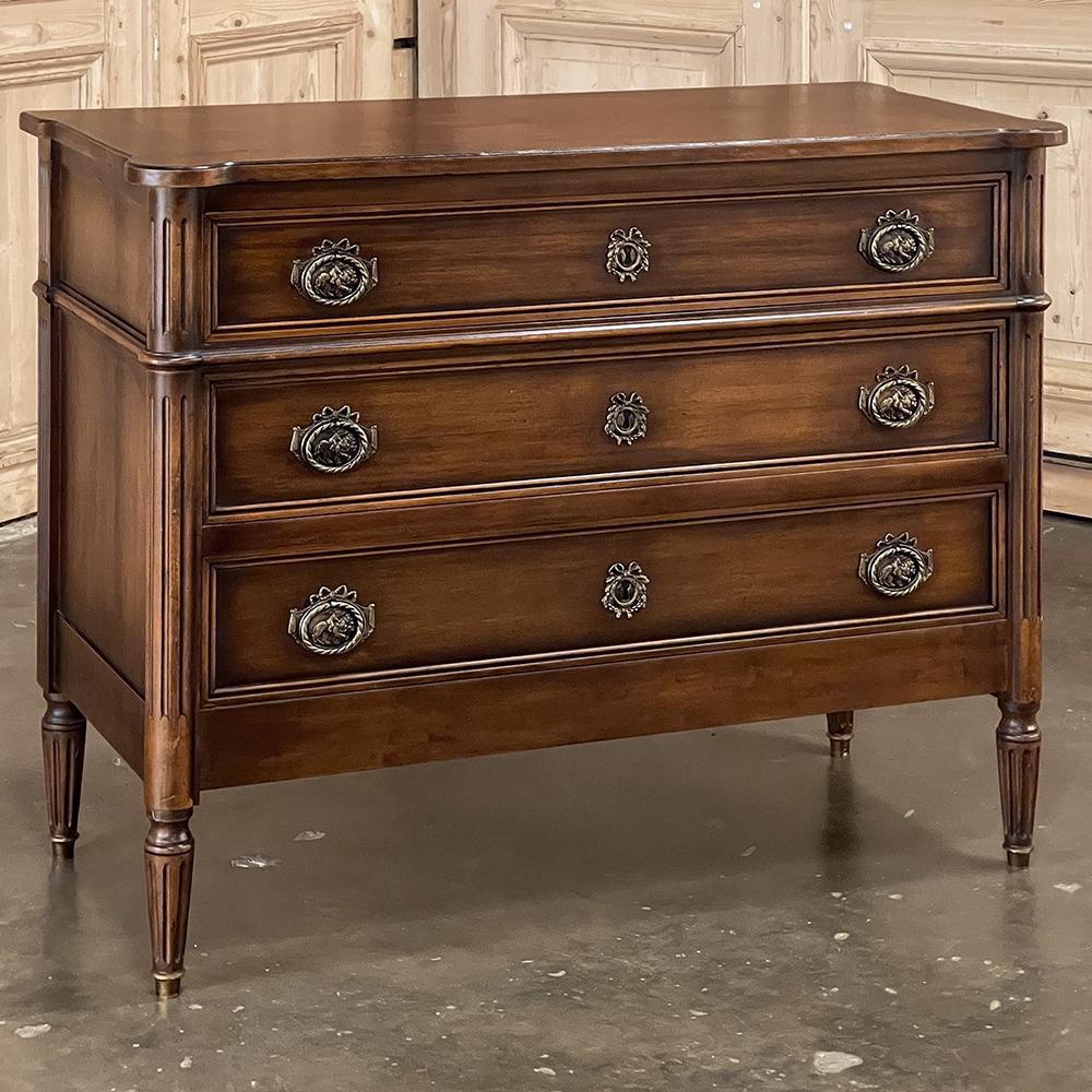 19th Century French Louis XVI Walnut Commode ~ Chest of Drawers will make a great addition to any room. Hand-crafted from solid walnut, it features a generous surface whose outside framework provides a matching contour to the casework below,