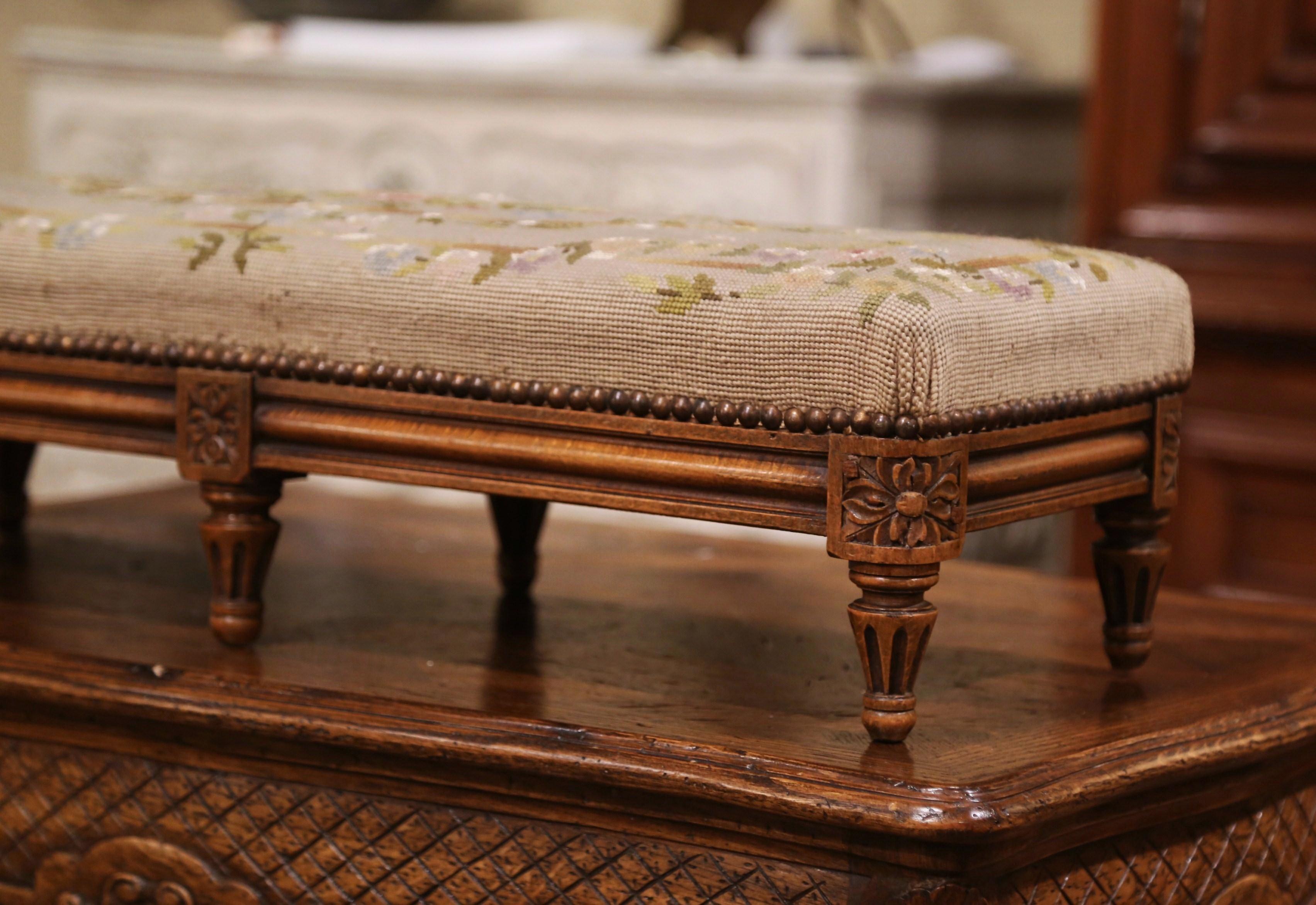 Patinated 19th Century French Louis XVI Walnut Footstool with Antique Needlepoint Tapestry