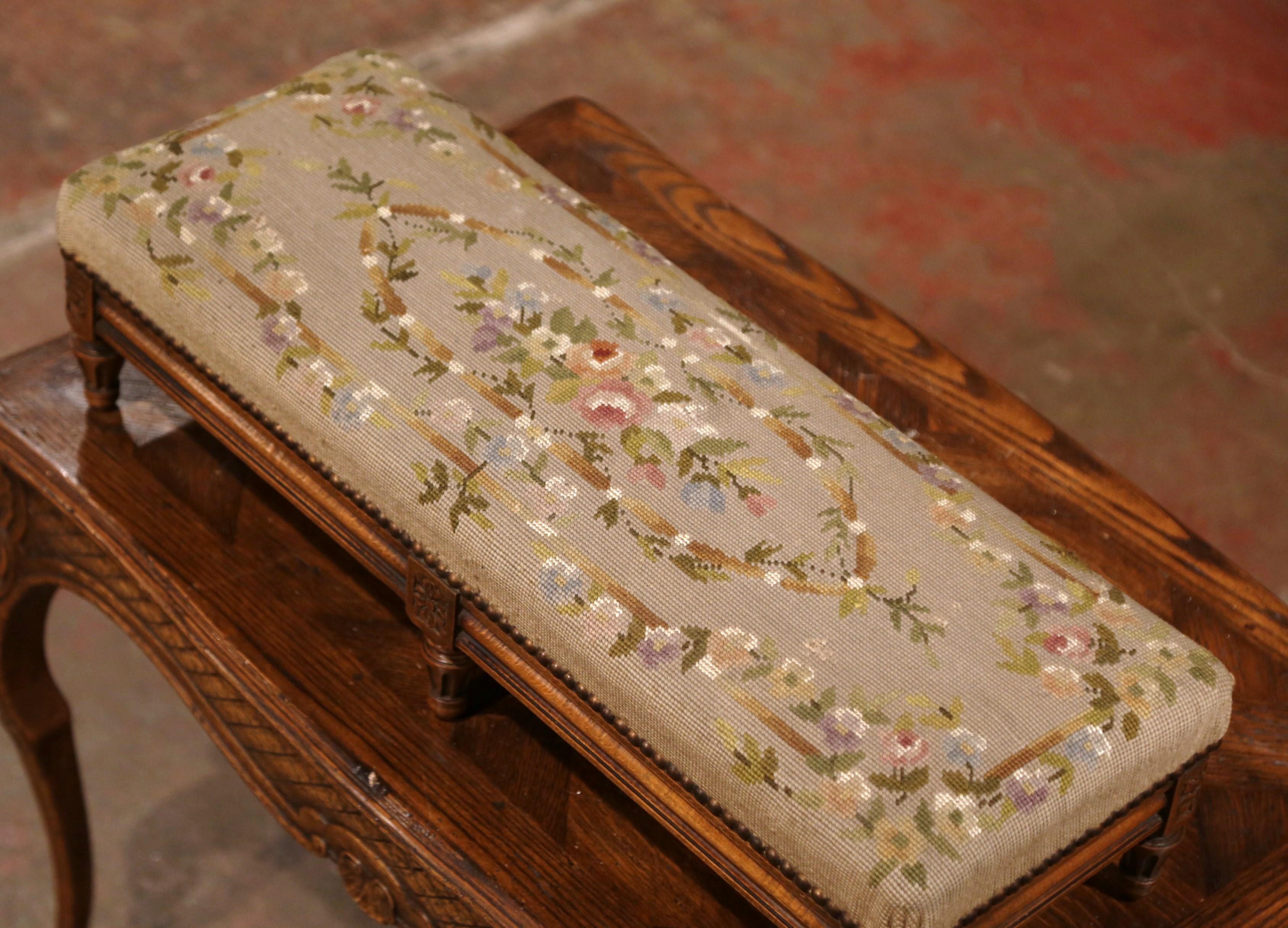 19th Century French Louis XVI Walnut Footstool with Antique Needlepoint Tapestry 1
